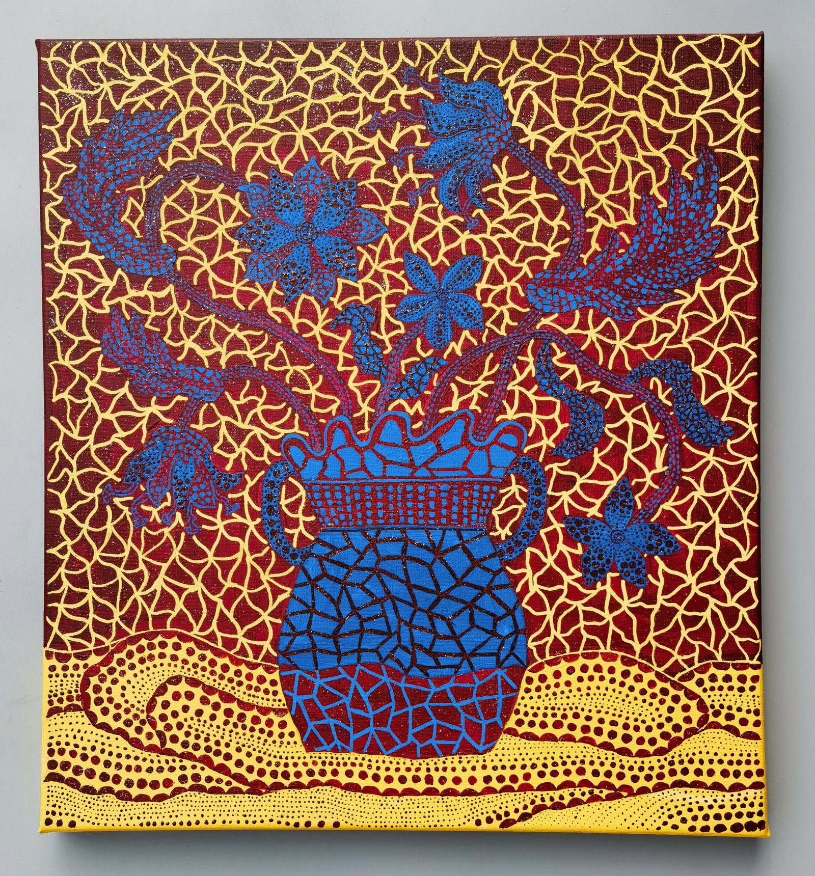 YOYAI KUSAMA JAPANESE OIL PAINTING ON CANVAS: YOYAI KUSAMA JAPANESE OIL PAINTING ON CANVAS. Image size 50cm by 45cm. USA demostic shipping cost 50USD and International shipping cost 150 USD.