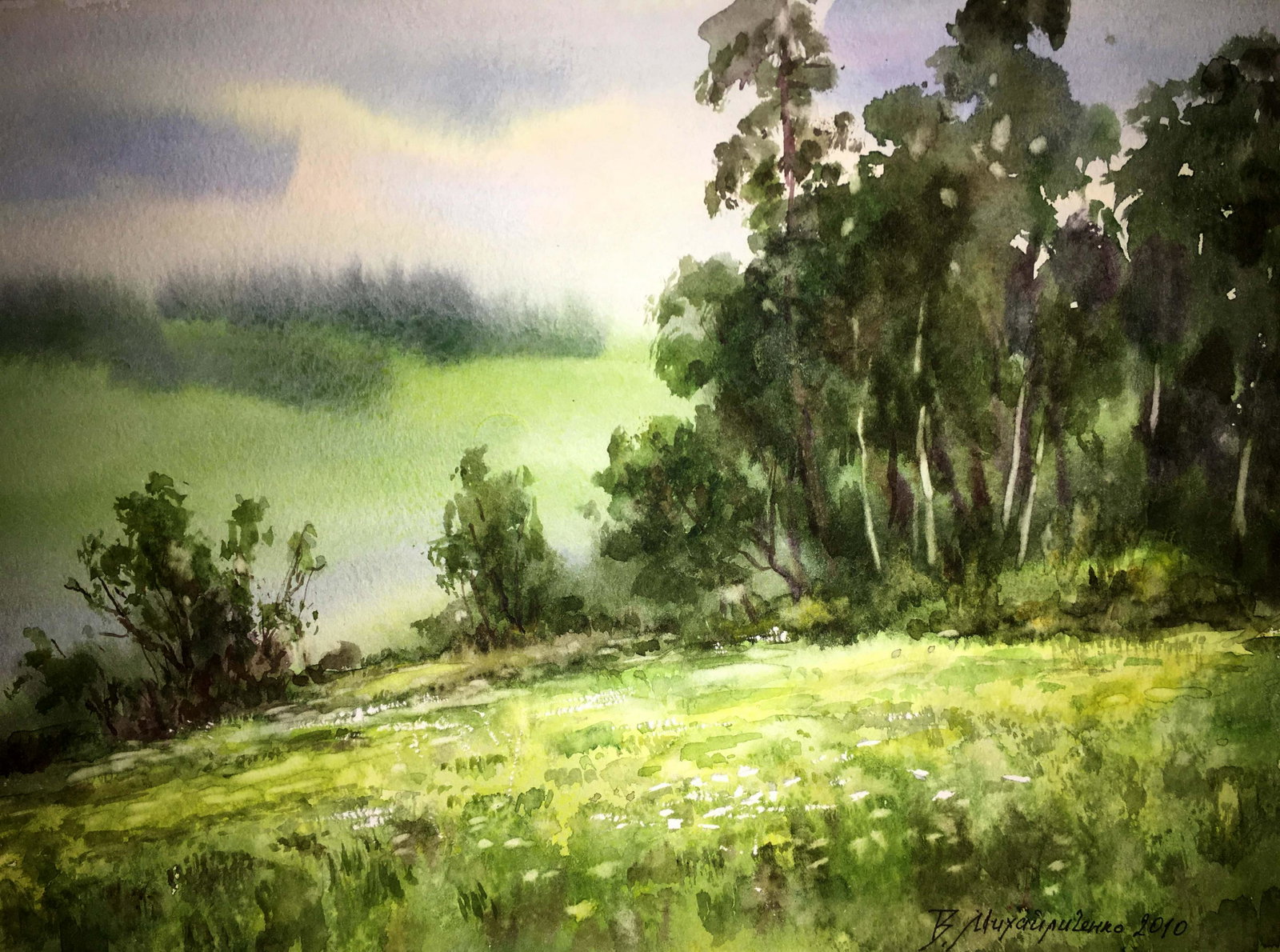 Green edge watercolor painting on paper: * TITLE: "Green edge" * ARTIST: Viktor Mikhailichenko * SIZE: 21x30 cm/'8.26Ñ…11,84 inches' * MEDIUM: watercolor, cardboard * HAND PAINTED: Original painting from our collection * CERTIFICATE OF AU