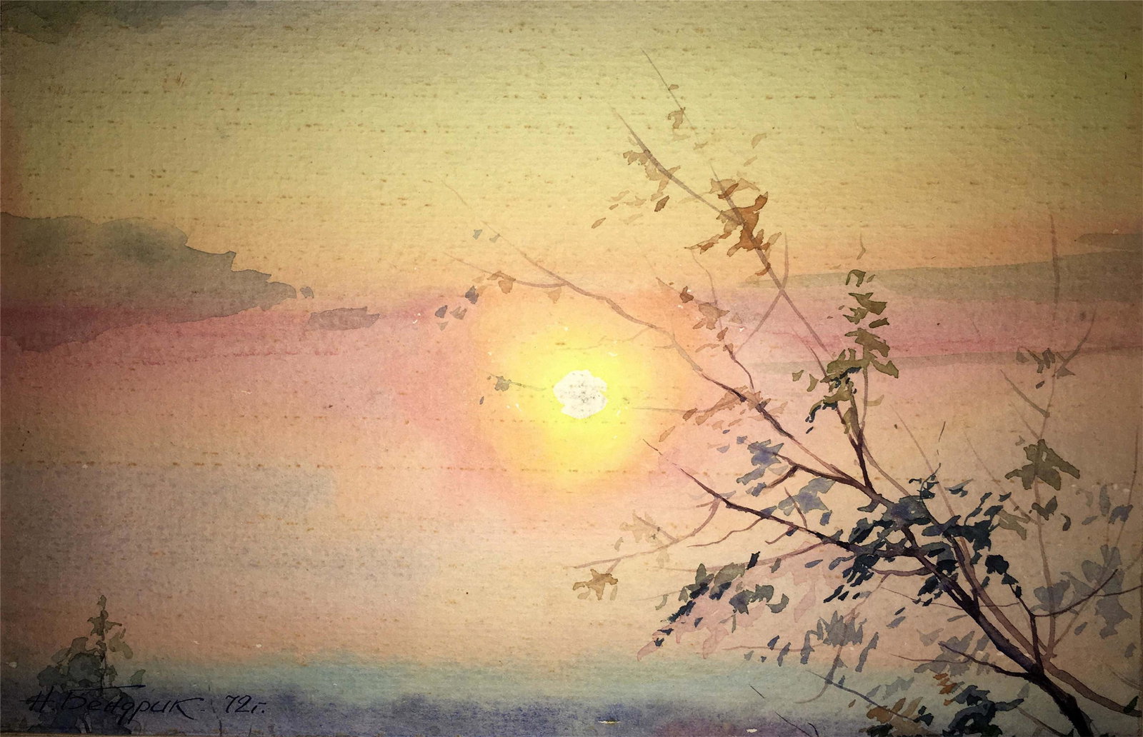 Sunset watercolor painting on paper: * TITLE: "Sunset" * ARTIST: Nikolai Bendrik * SIZE: 17x24 cm/'6,69Ñ…9,44 inches' * MEDIUM: watercolor, cardboard * HAND PAINTED: Original painting from our collection * CERTIFICATE OF AUTHENTICITY 
