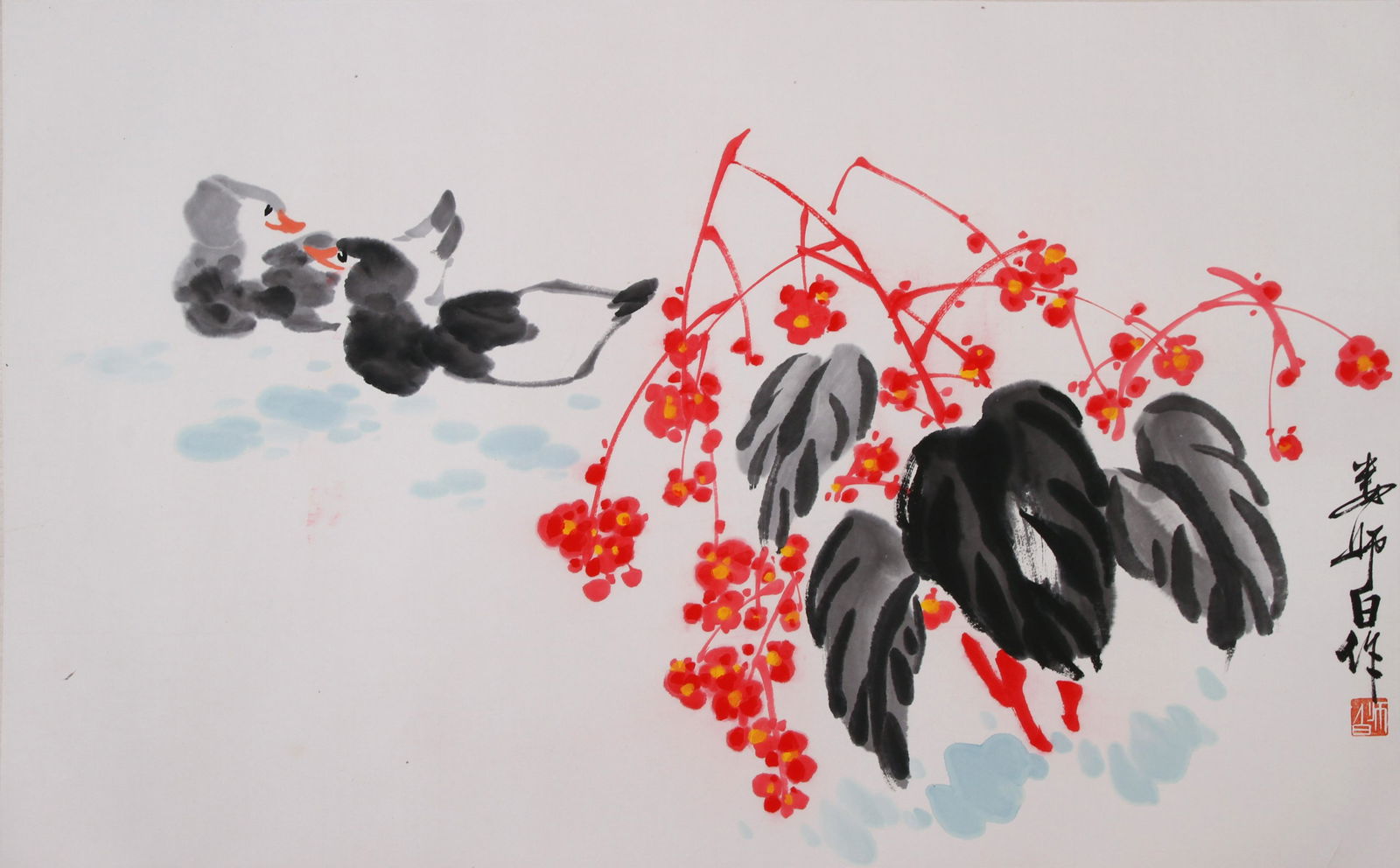 CHINESE SCROLL PAINTING OF DUCK AND FLOWER SIGNED BY LOU SHIBAI (1 of 6)