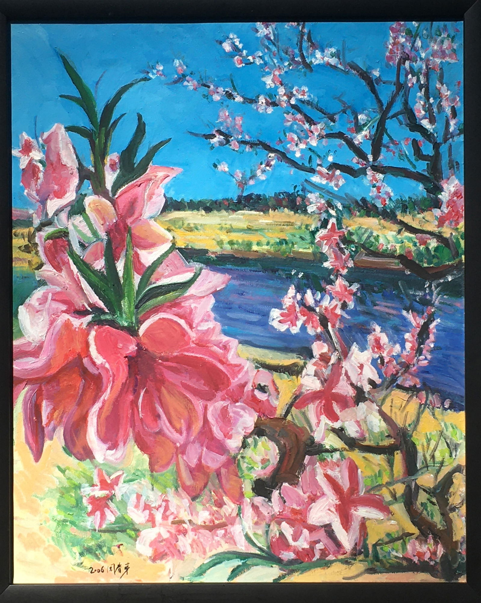 OIL PAINTING ON CANVAS BLOSSOMMINGS SIGNED BY ZHOU CHUNYA: OIL PAINTING ON CANVAS BLOSSOMMINGS SIGNED BY ZHOU CHUNYA. Image size 19.5in by 16in. With frame size 21.5in by 18in. USA demostic shipping cost 50USD and International shipping cost 150 USD.