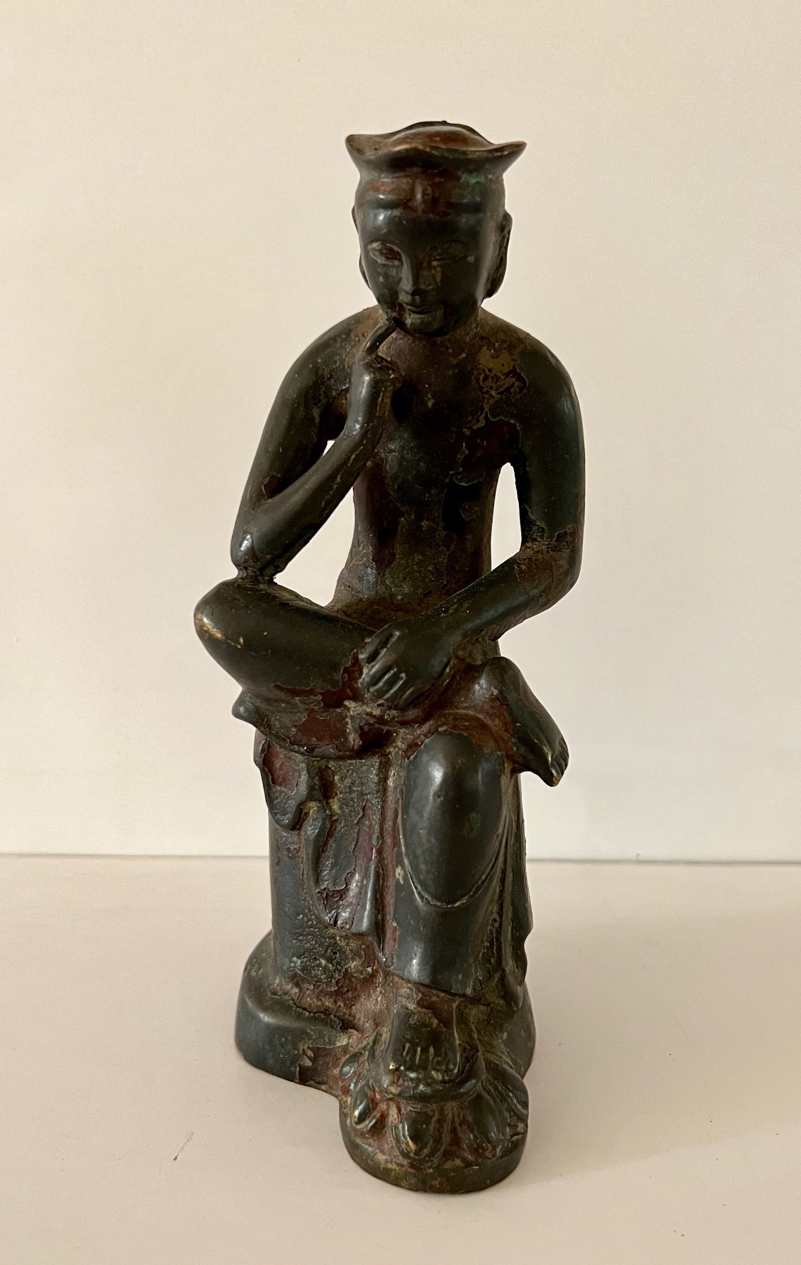 Korean Bronze Maitreya, Goryeo/Joseon Period: Stunning bronze Korean Maitreya. Originally gilded, now heavily patinated with only trace amounts of gilding remaining around hair, neck, and shoulders. 7.75 inches.