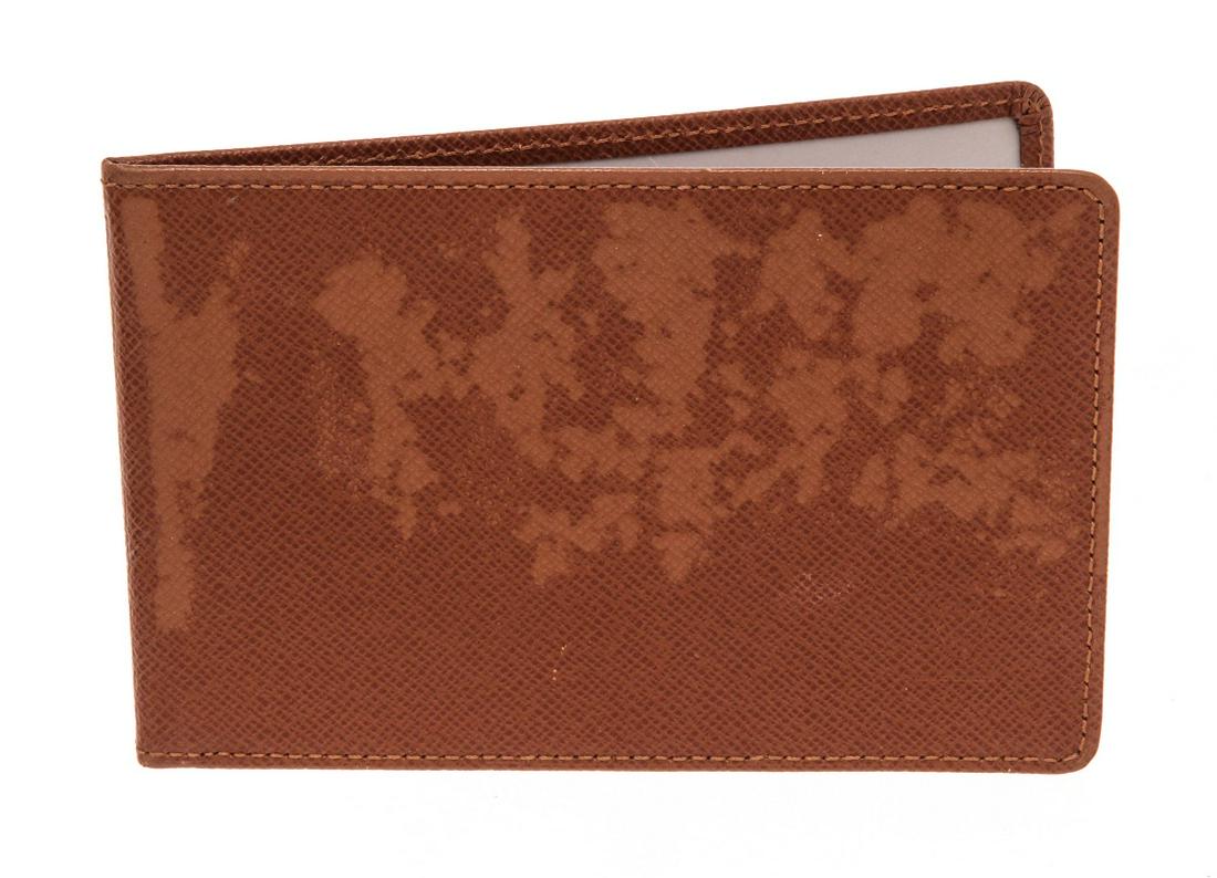 Louis Vuitton Brown Taiga Leather Bifold ID Wallet: louis vuitton brown taiga leather bifold id wallet with brown leather, leather lining with card slots, card holder, exterior has light wear and back has fading marks. interior plastic covers have mini