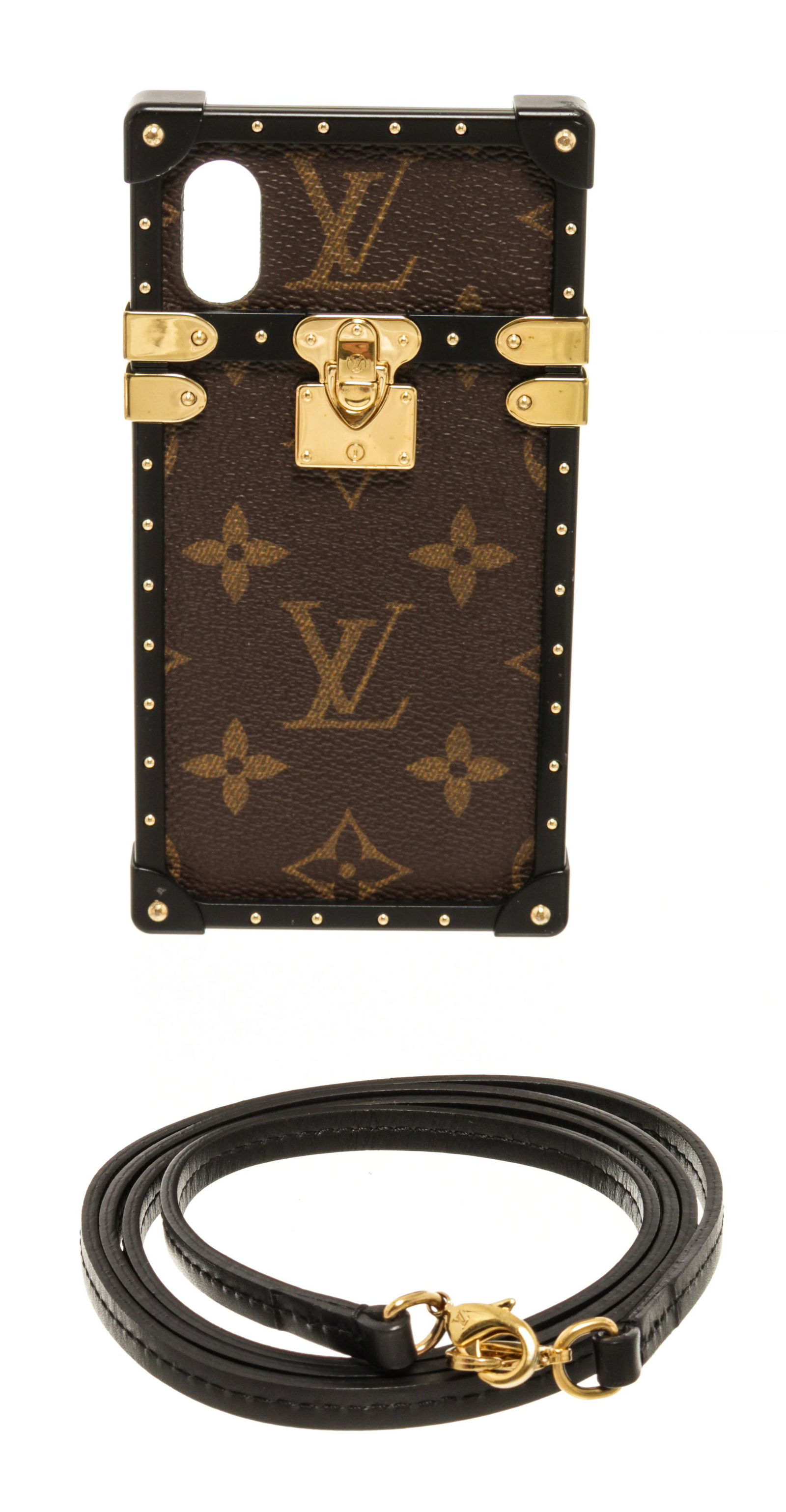 Louis Vuitton Brown Monogram Eye-Trunk iPhone X Case: Louis Vuitton Monogram Eye-Trunk iPhone X Case with louis vuitton case has been crafted from monogram canvas and styled to resemble their famous trunk designs. the creation has gold-tone metal accents