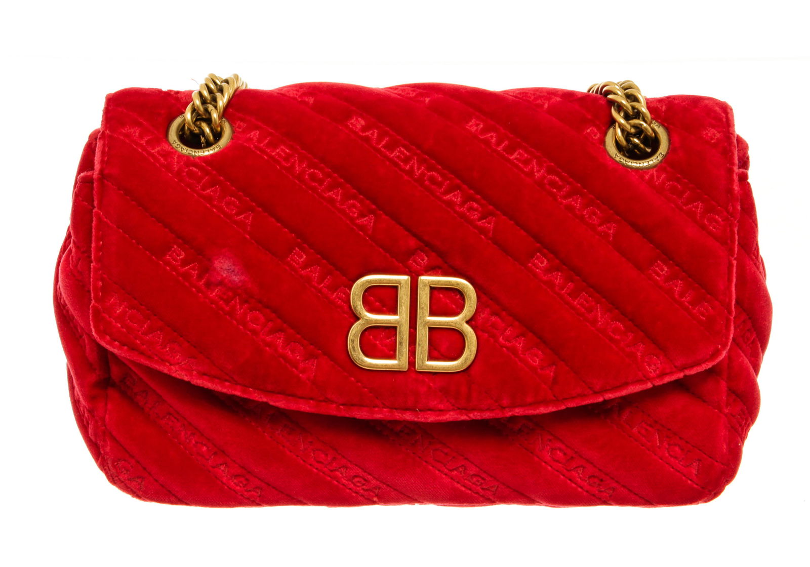 Balenciaga Red Velvet BB Chain Shoulder Bag: Balenciaga Red Velvet BB Chain Shoulder Bag with a chain shoulder strap, gold hardware, leather lining, six card holders, one zipper pocket, snap closure.79181MSC