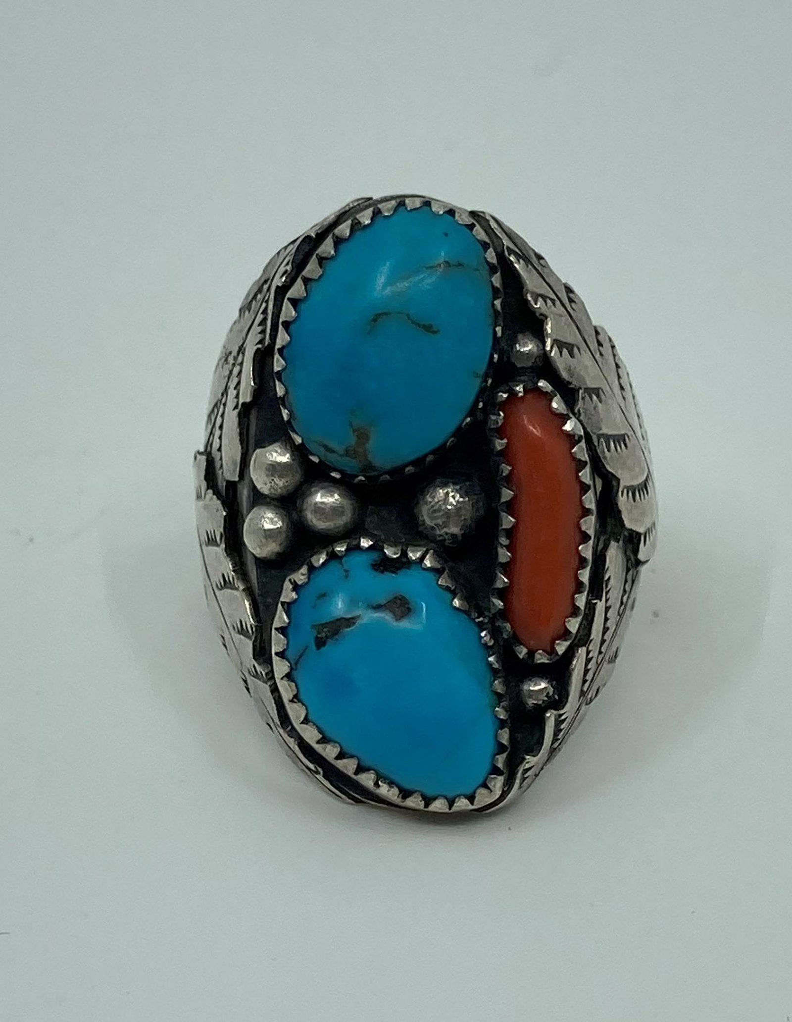 Navajo, Turquoise and Coral Sterling Silver Ring (1 of 4)