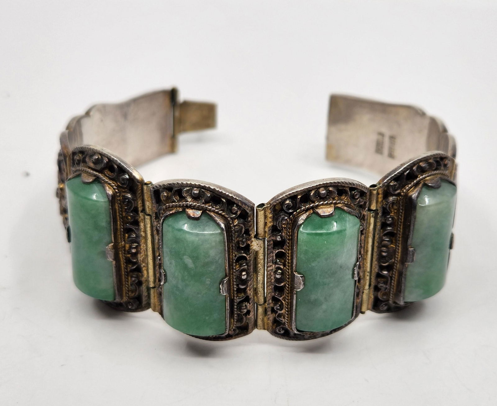 Antique Chinese, Sterling Filigree Silver Vermeille Jade Bracelet