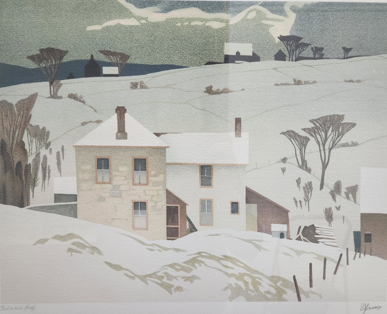 Casson, Alfred Joseph (1898-1992) Winter Country house: Artist: Casson, Alfred Joseph (1898-1992) Canada Title: Winter Country house Description (FR): Lithographie sur papier, publishers proof, signee en bas a droite AJ Casson Description (ENG): Lithograph