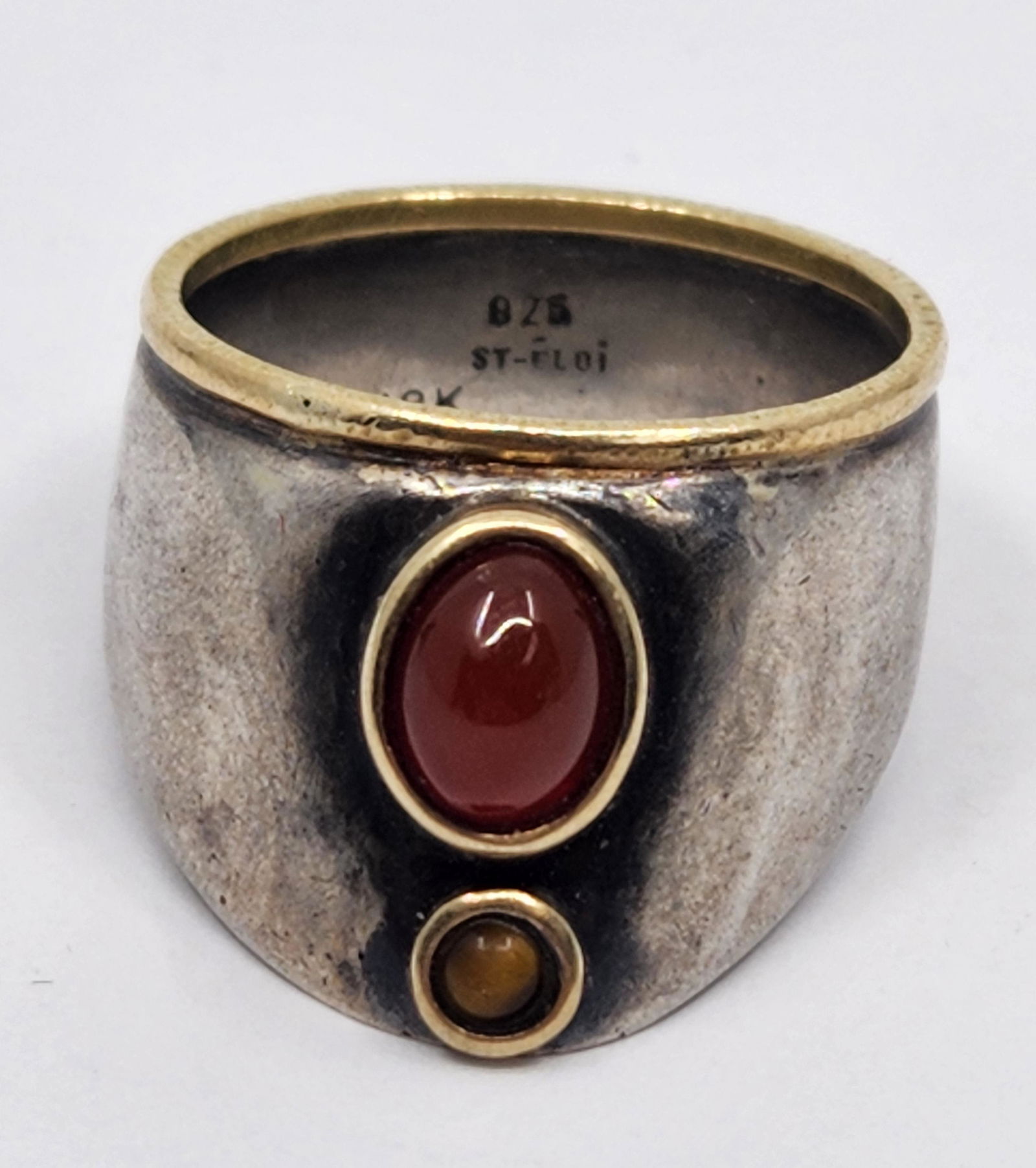 St-Eloi, Carnelian Tiger Eye Stone Sterling Silver and 18KT Gold Ring (1 of 7)