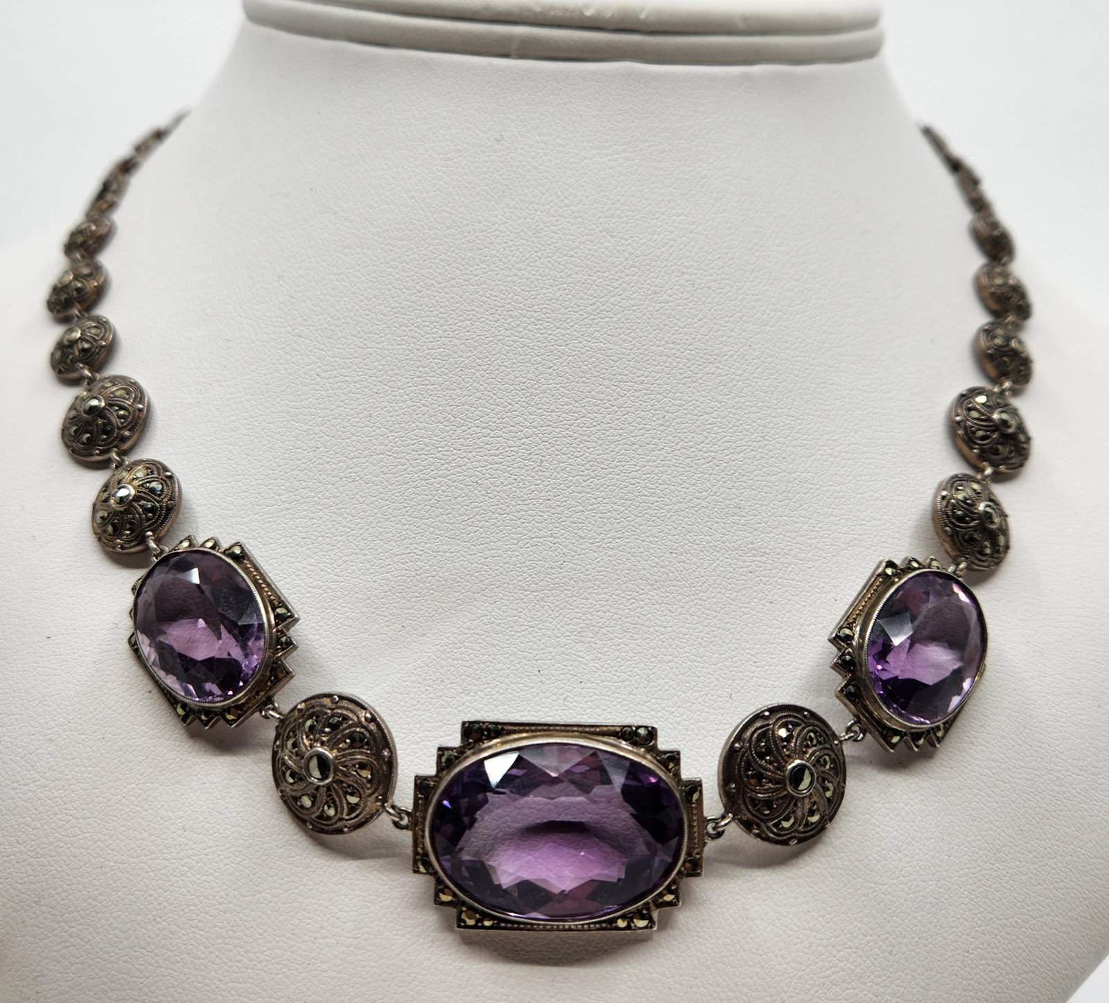 Art deco style Amethysts and marcasites Sterling silver necklace (1 of 11)