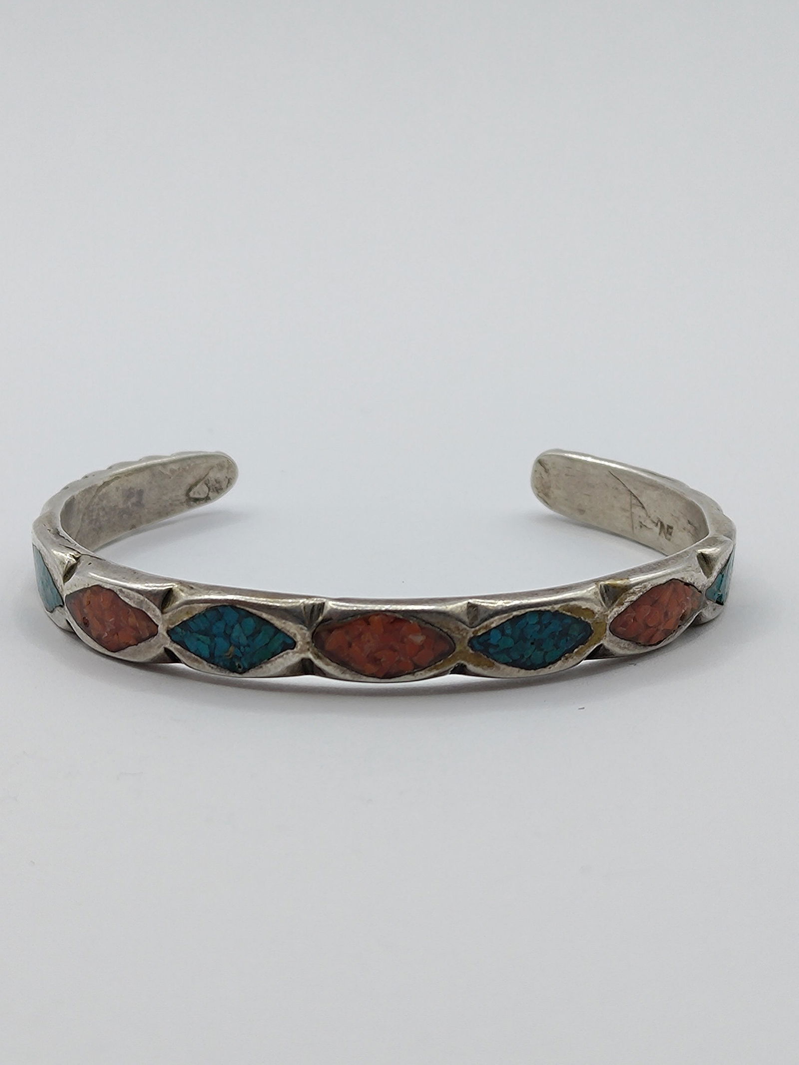 Navajo, Turquoise and Red Coral Sterling Silver Cuff Bracelet signed NE (1 of 9)