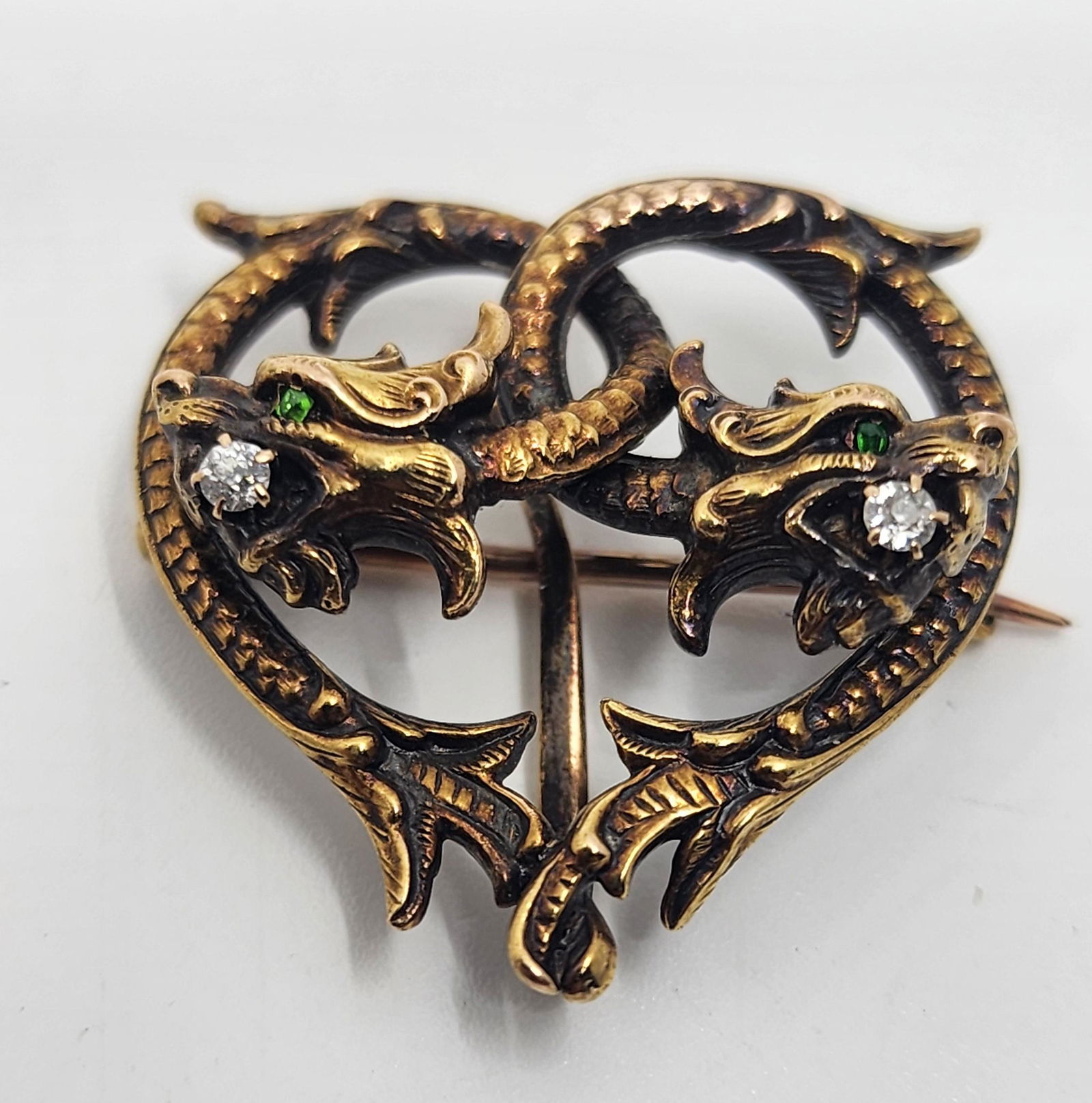 Victorian, 14KT Gold with Diamonds and peridot dragons head brooch (1 of 4)