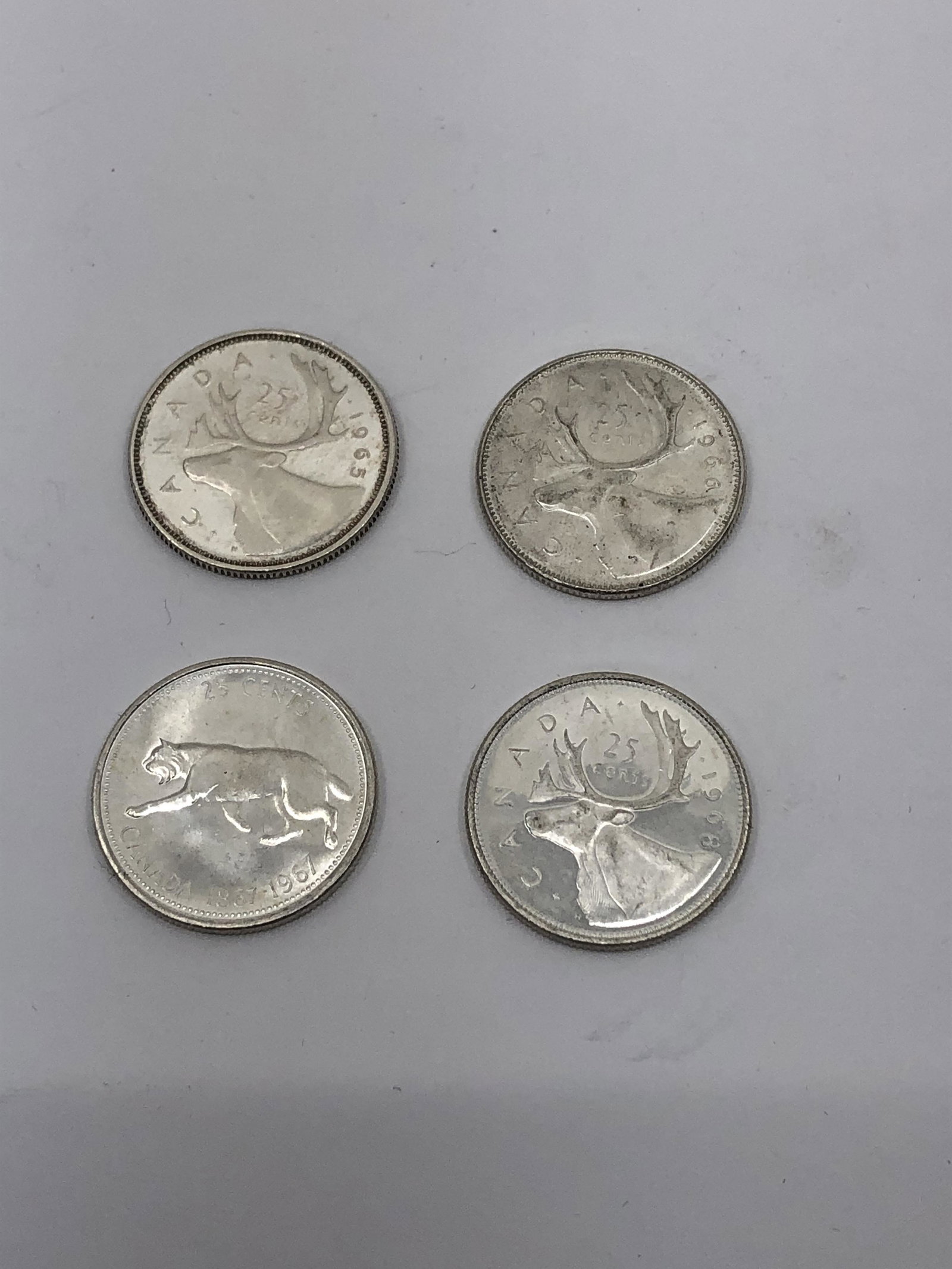 Set of 4 X 25 Cents Canada 1965-66-67-68: Set of 4 X 25 Cents Canada 1965-66-67-68 UNC To Proof
