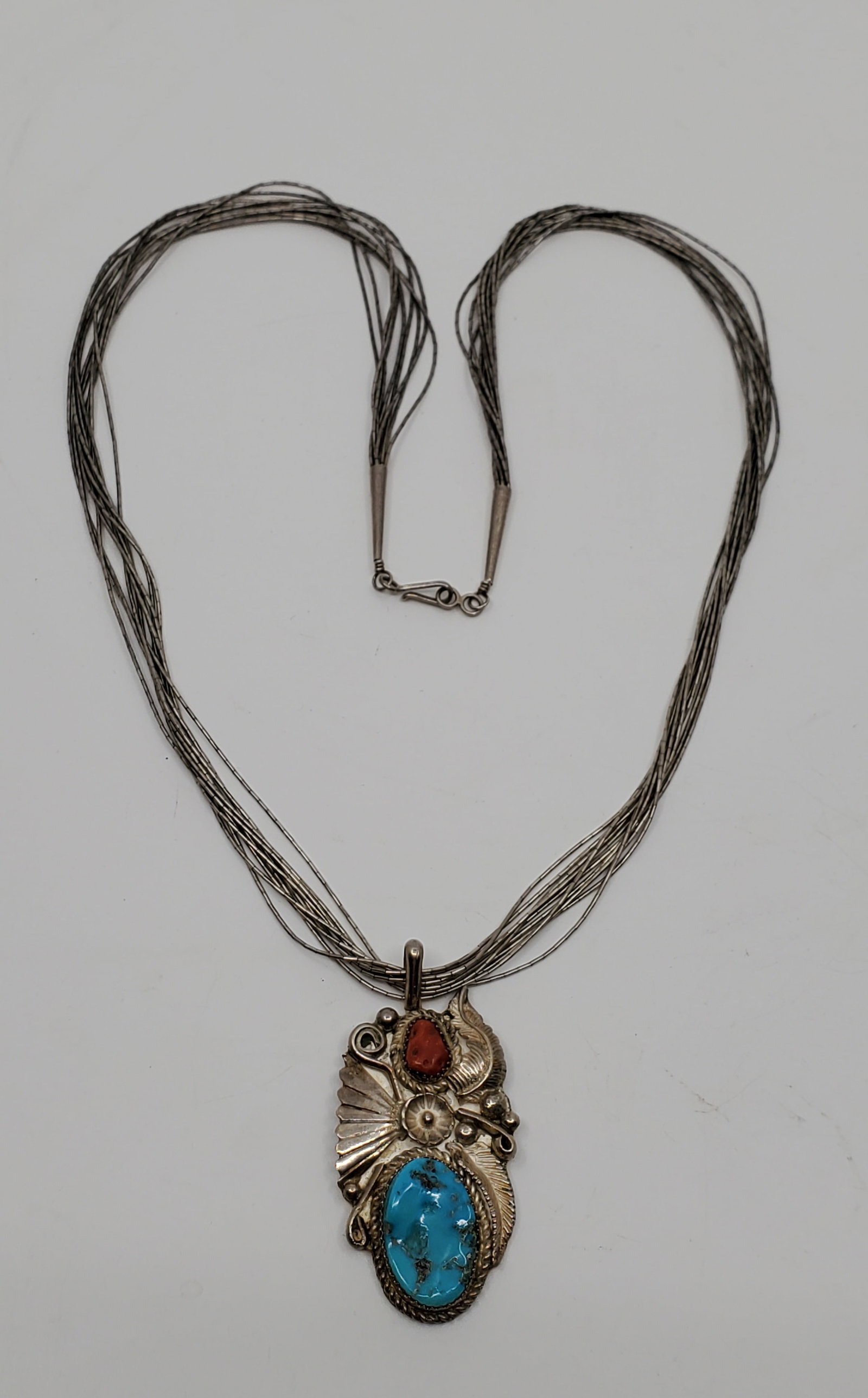 Lloyd Nelson, Navajo Sterling Silver Turquoise and Red Coral Pendant with Chain (1 of 6)