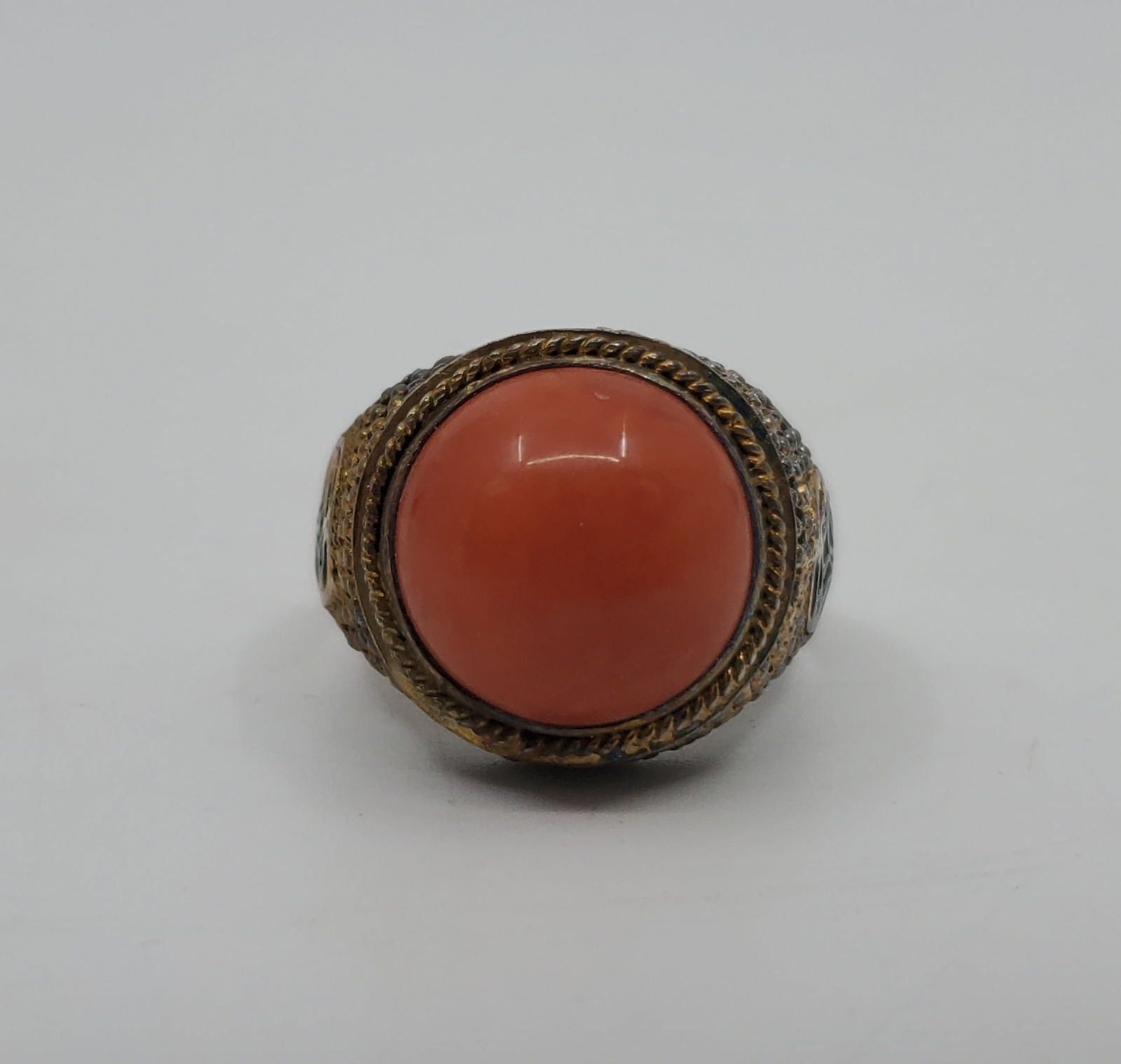 Vintage Chinese Export Gilded Filigree Sterling Silver Coral Ring (1 of 8)