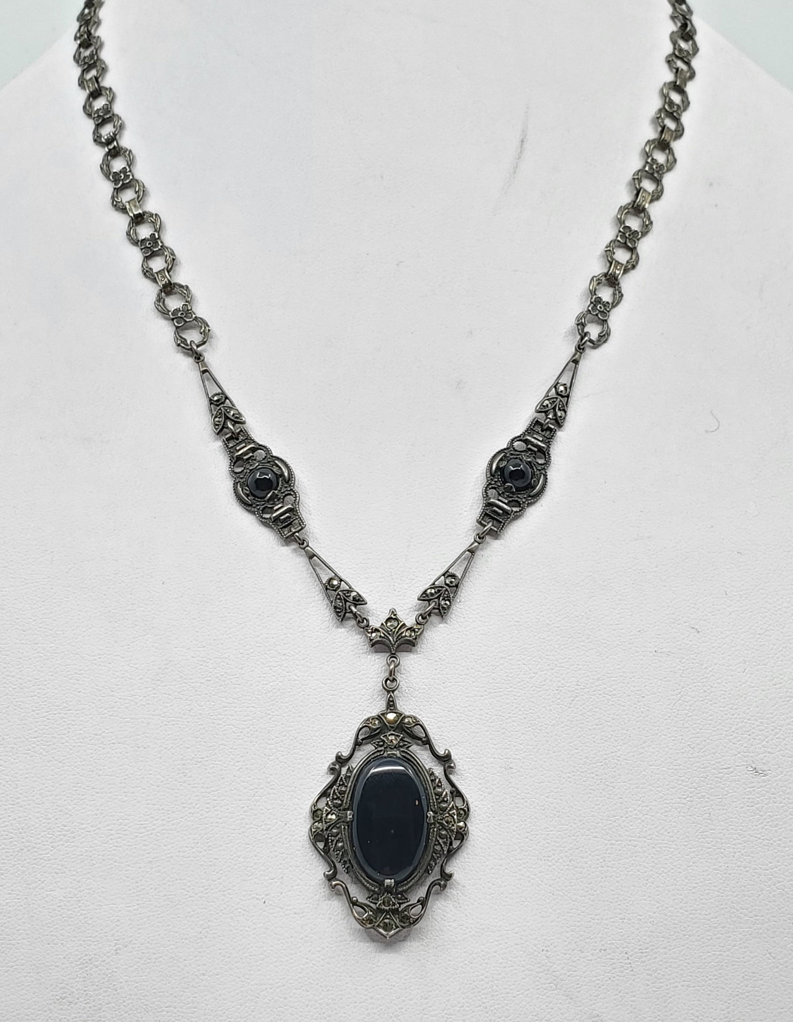 Sterling Silver Art Deco Necklace set with Onyx and Marcasites (1 of 8)