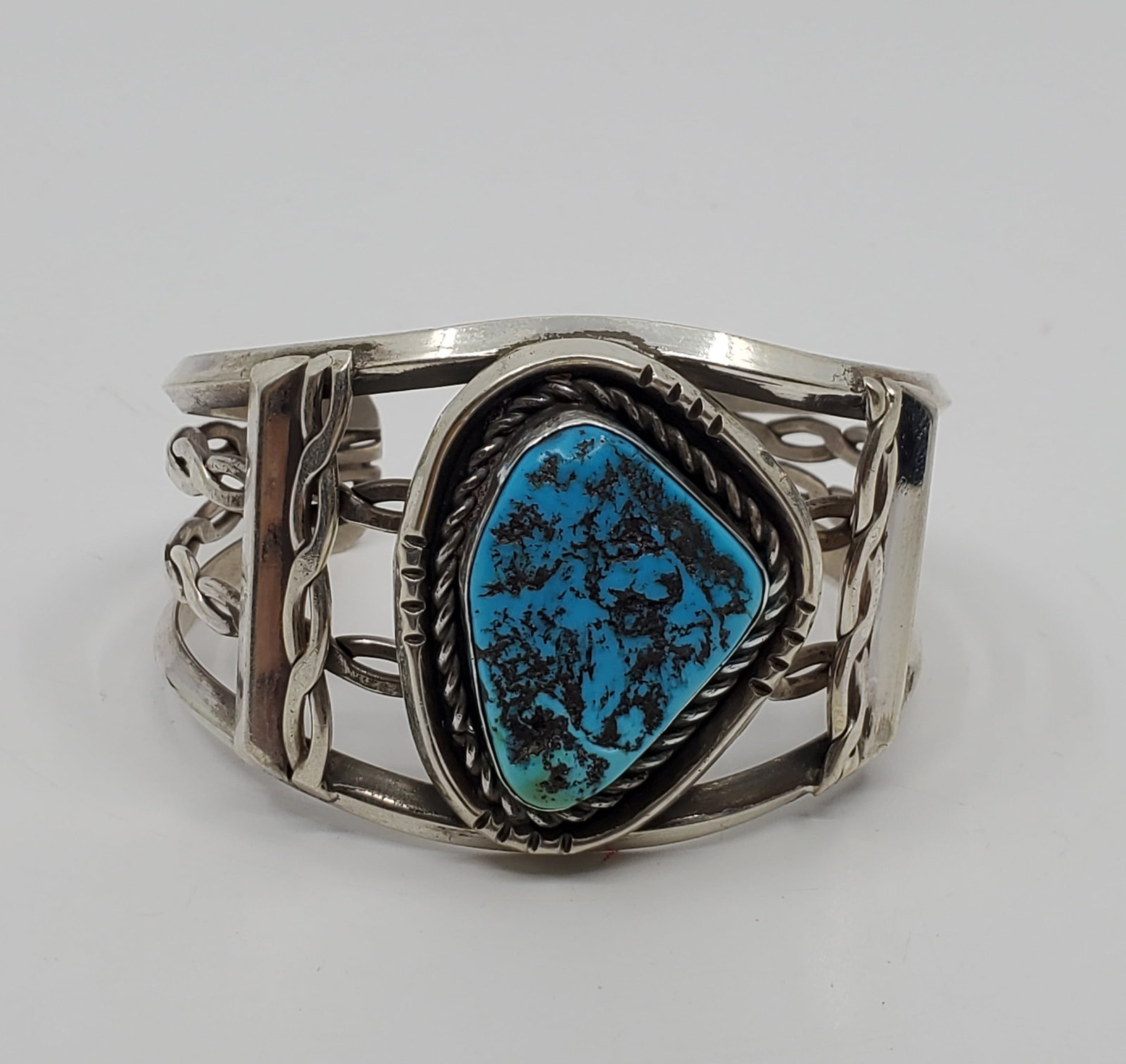 Navajo, Large Sterling Silver Cuff Bracelet Set with a Turquoise (1 of 8)