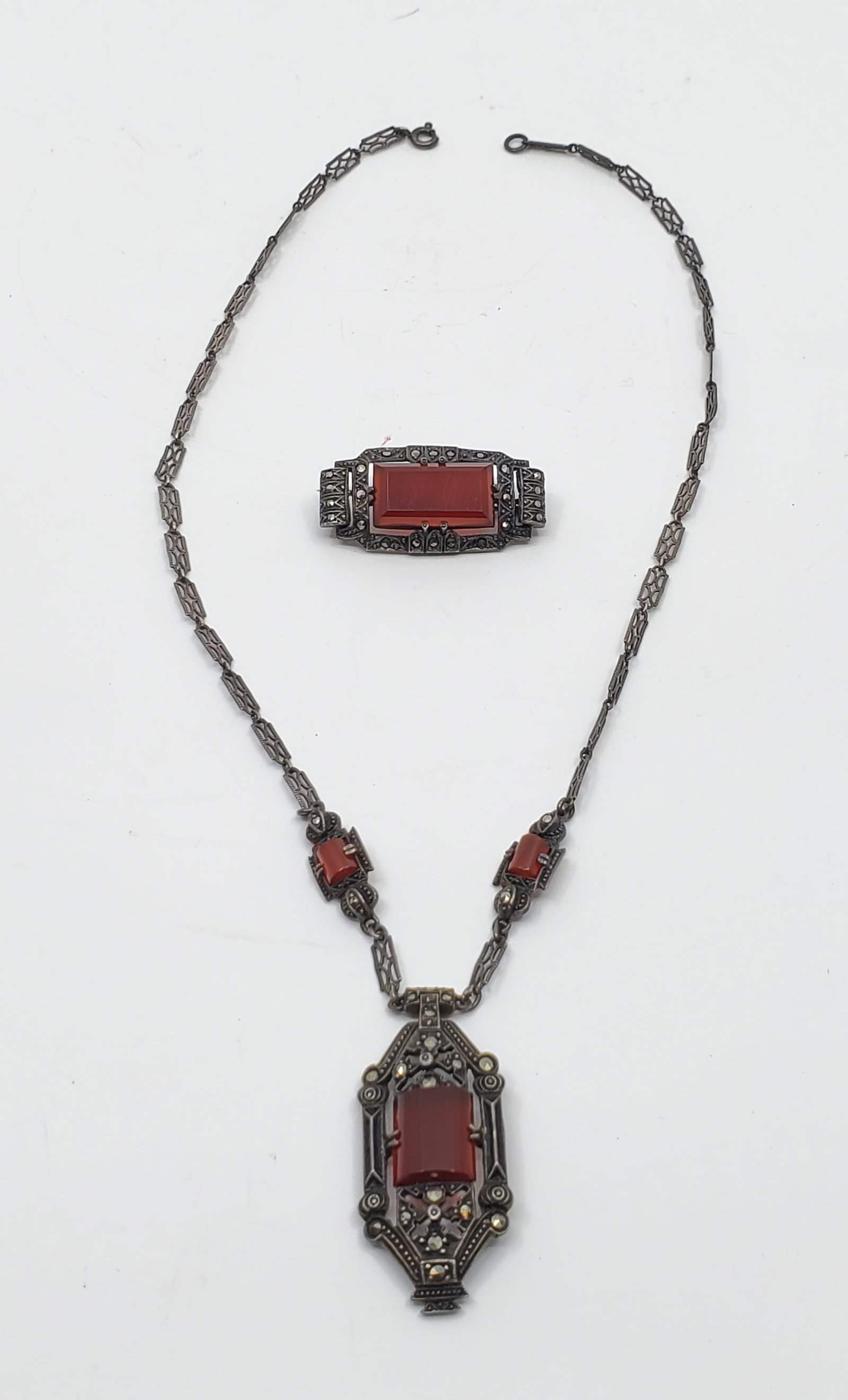 Art Deco Sterling Silver Necklace and Brooch set with Marcasites and cournelian (1 of 10)