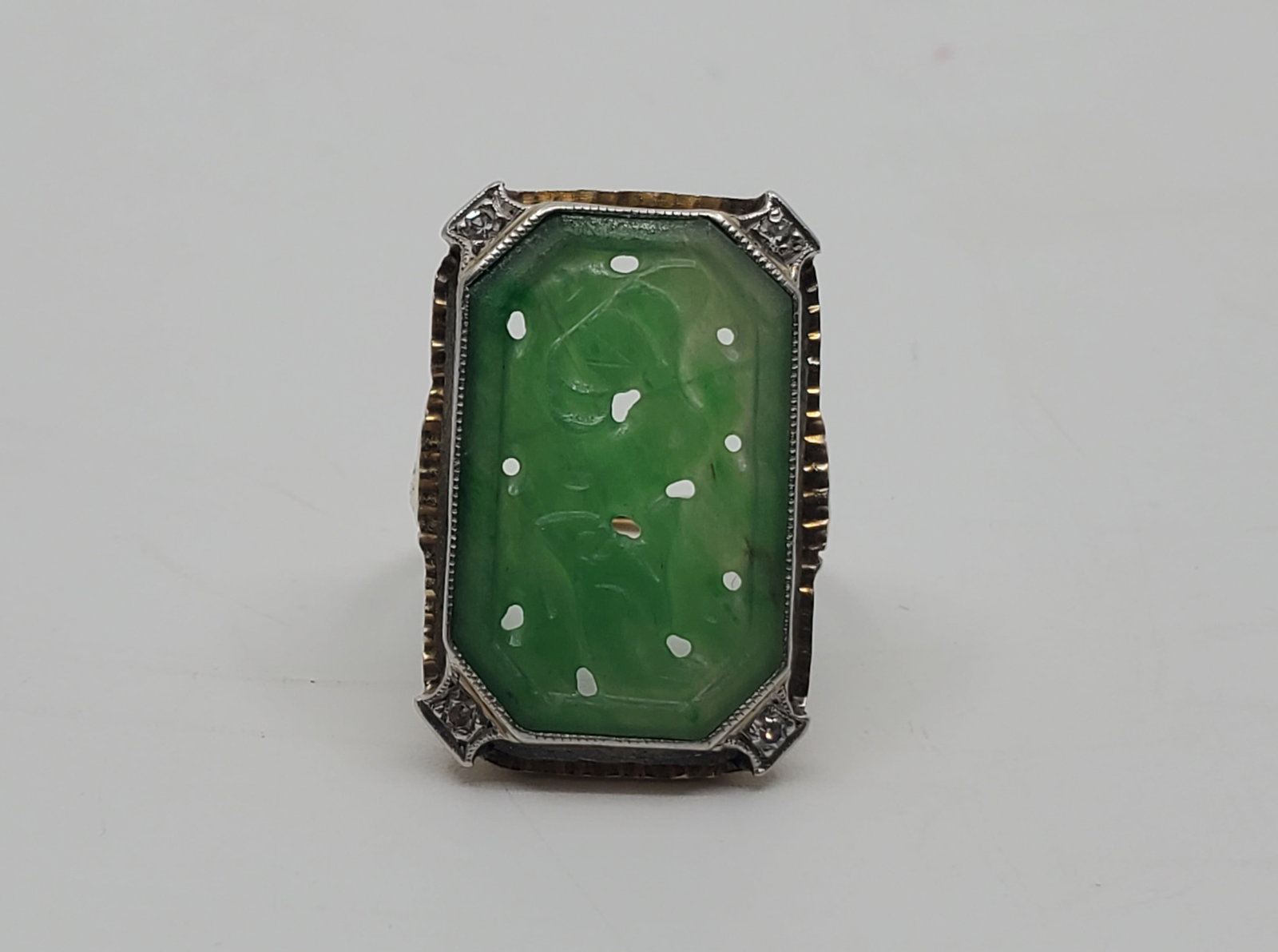 Antique 18KT Gold Ring set With Green Jade and Diamonds (1 of 6)