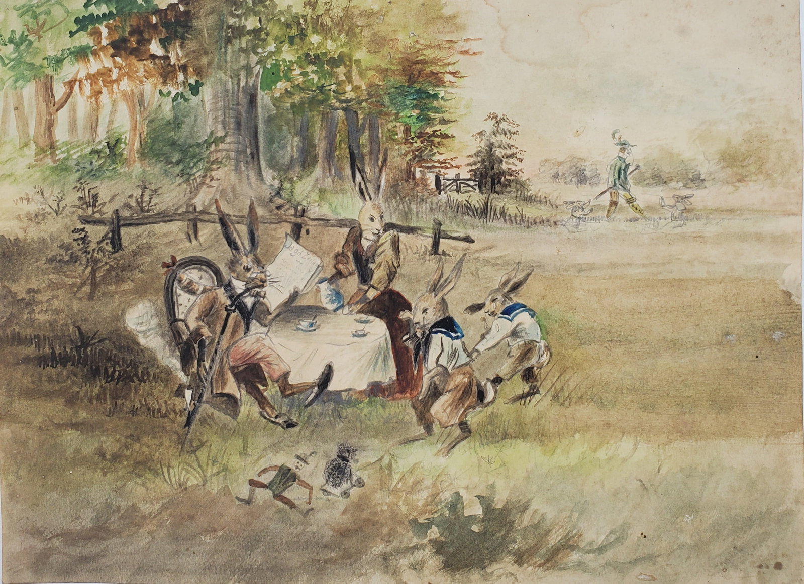 Unsigned 19th Cent Watercolour Rabbits having Tea: Lighthearted and amusing, well conceived country scene fearuring a family of four rabbits, dressed as people. at a table having tea. 6 3/4 x 9". ( c. 17 x 23 cm).