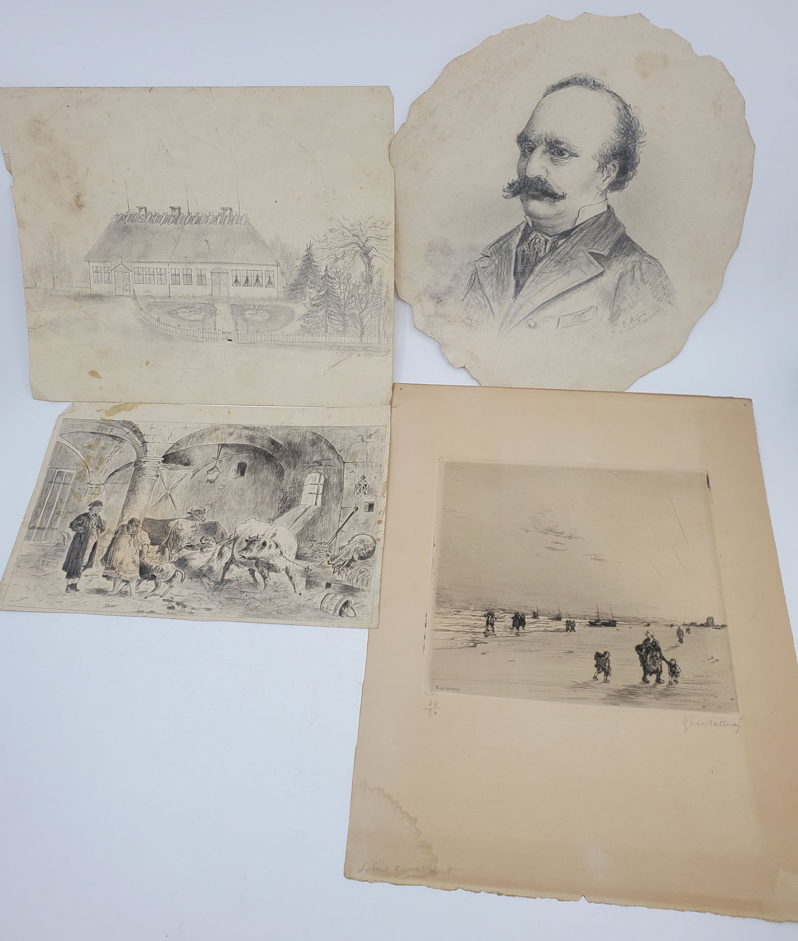 1 Watercolour, 1 Engraving, 2 Drawings Late 19th C. (1 of 11)