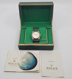 Men's ROLEX Air-KIng-Date Ref. 5701 COCA-COLA 1978: 38mm, Cal. 1520 Dated to 1978 With gold bezel and crown. Silver dial. Case inscribed for presentation COCA-COLA With stainless steel Oyster bracele. Included is the original green Oyster box, with a b