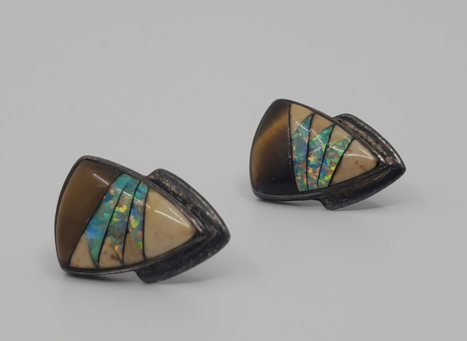 Vintage Navajo, Sterling Silver Earrings, set with Opals and Tiger Eye (1 of 4)