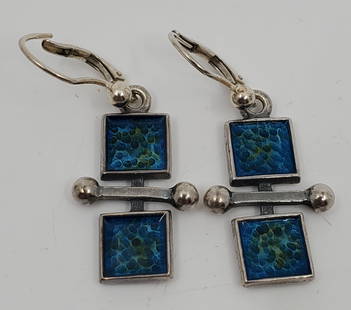 David Andersen, Norwegian, Modernist Sterling Silver Enameled Earrings: Artist : David Andersen, Norwegian Description : Modernist Sterling Silver Blue Enamel Earrings, signed on the back D-A Sterling Norway 925S 1 1/2" x 1/2" Weight : 6,2 g