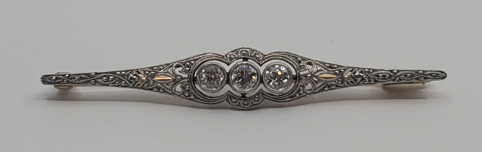 Victorian 14K Gold Bar Pin with 3 Diamonds (1 of 6)