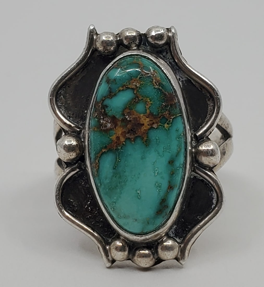 Vintage Navajo, Sterling Silver Turquoise Ring signed PL (1 of 7)