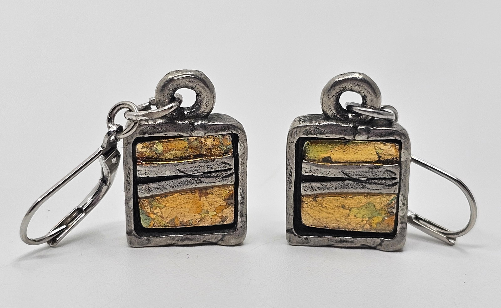 NES, Canadian Designer Pewter Enameled Modernist Earrings: Vintage Pewter Enamelled Earrings, signed on the back NES, 1 1/2" x 1/2" Weight : 10,1 gr