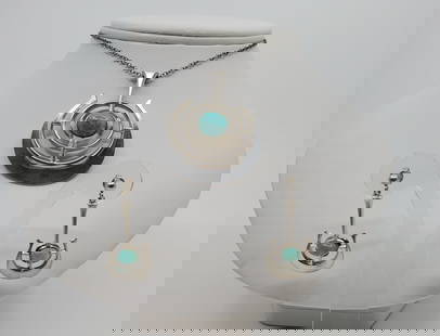 Bjorn Sigurd Ostern For David Andersen, Norwegian Modernist Sterling Silver Pendant and Earrings set: Set of Sterling Silver Modernist Pendant and Earrings set with blue stone, both pendant and earrings are signed, D-A 925S Norway Sterling and on the back of the pendant as well :INV. B.S.O. Pendant :