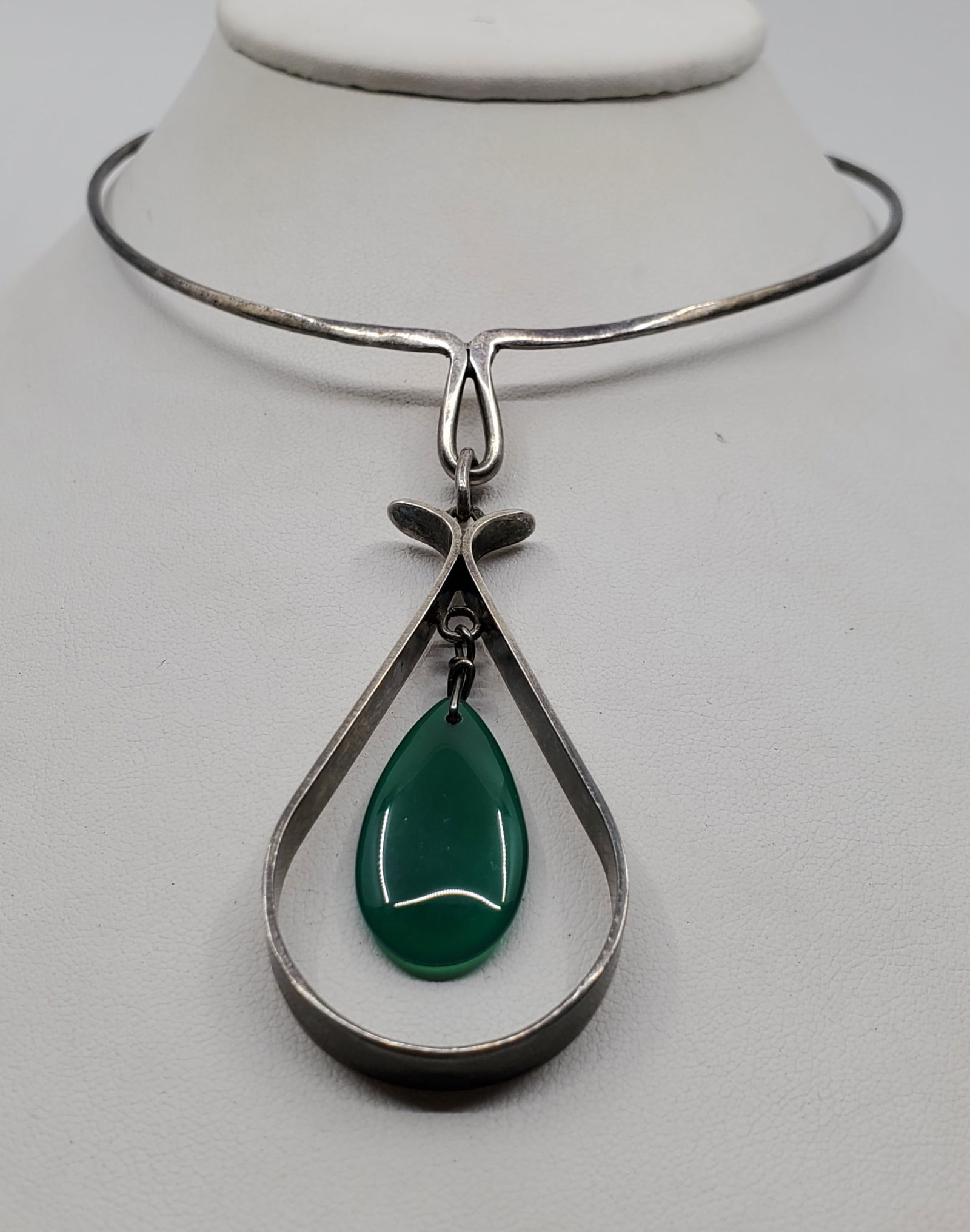 Scandinavian Modernist Sterling Silver Necklace with Jade Pendant (1 of 11)