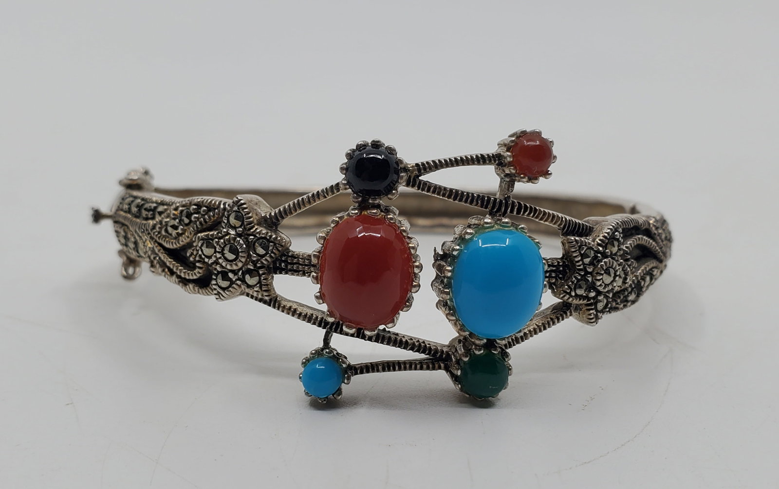 Vintage Fancy Sterling Silver Bracelet with Marcasites and Colored Stones (1 of 8)