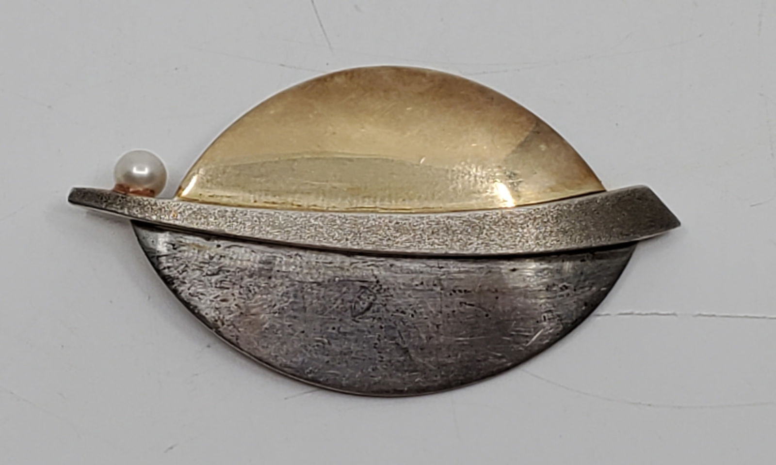 Modernist Sterling Silver and 10K Gold Brooch set with a Pearl (1 of 4)