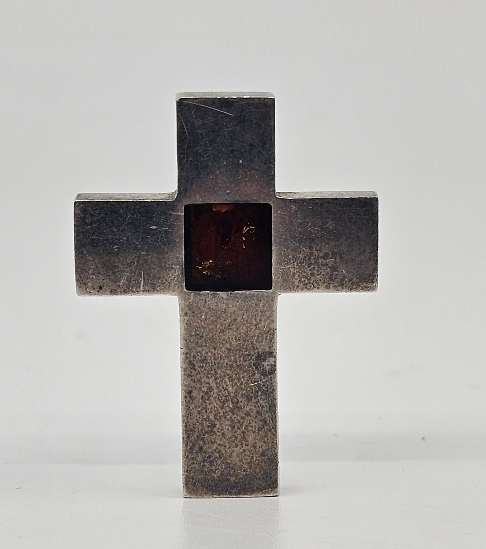 Marcin Zaremski (1951- ), Polish Modernist Sterling Silver Cross Pendant set with Amber (1 of 5)