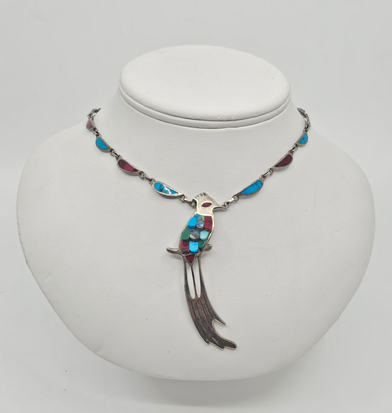 Vintage Mexican .950 Silver Necklace Representing a Bird with Multi Colored Stone (1 of 6)