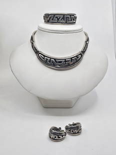 Salvador Teran (1920-1974), Mexican Sterling Silver Set Bracelet, Necklace and Earrings: Set of Sterling Silver Jewelry Including a Neckllace, Bracelet and pair of earrings, all signed on the back Sterling Mexico Salvador 165 Necklace :6" x 5" Bracelet : 2 3/4" x 2" Earrings: 1" x 1" Tota