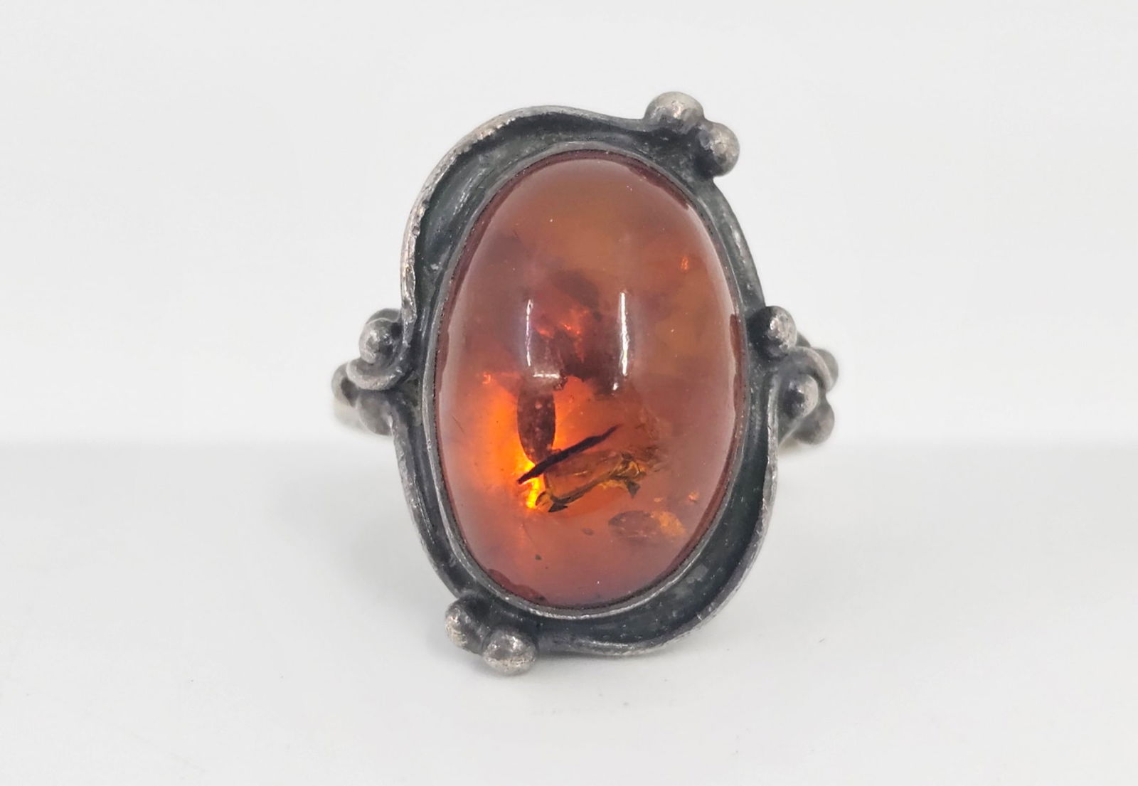 Vintage Polish, Sterling Silver Amber Ring, signed MS (1 of 5)