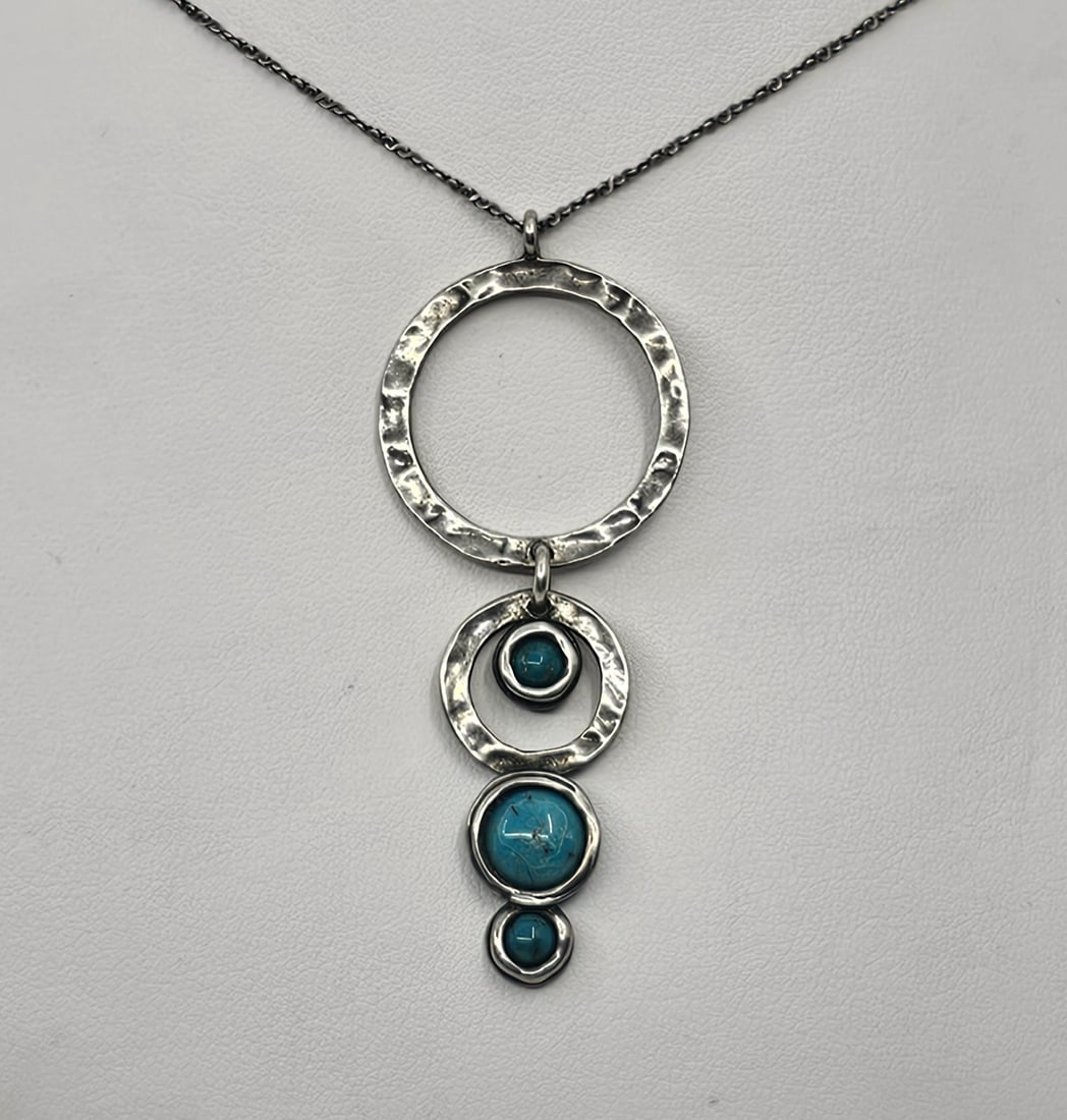 Shablool Didae, Israeli Modernist Sterling Silver Turquoises Pendant with Chain (1 of 6)