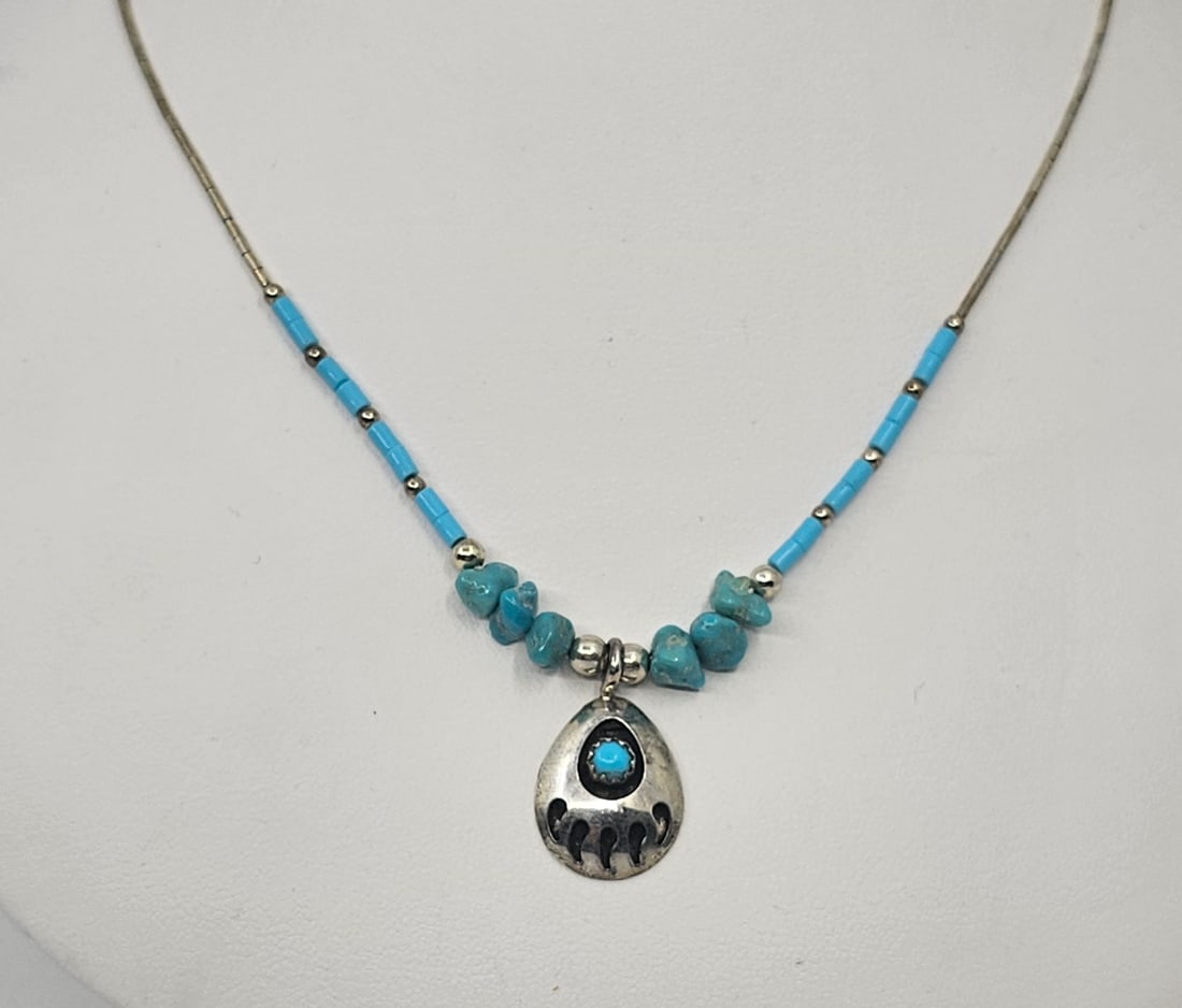 Zuni, Sterling Silver Turquoises Bear Paws Necklace Pendant (1 of 5)
