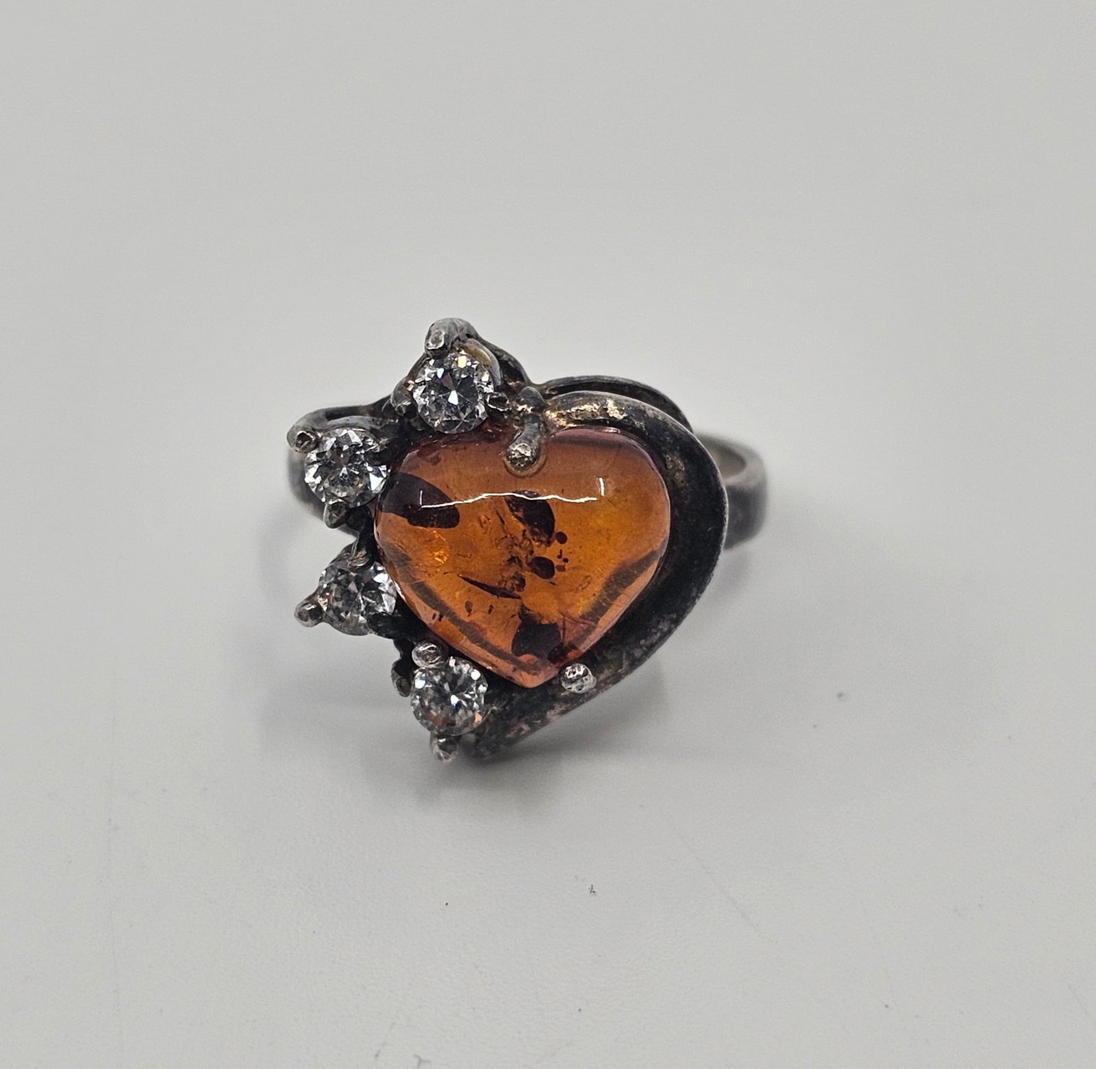 Vintage Polish Sterling Silver Heart Shaped Amber Ring (1 of 5)