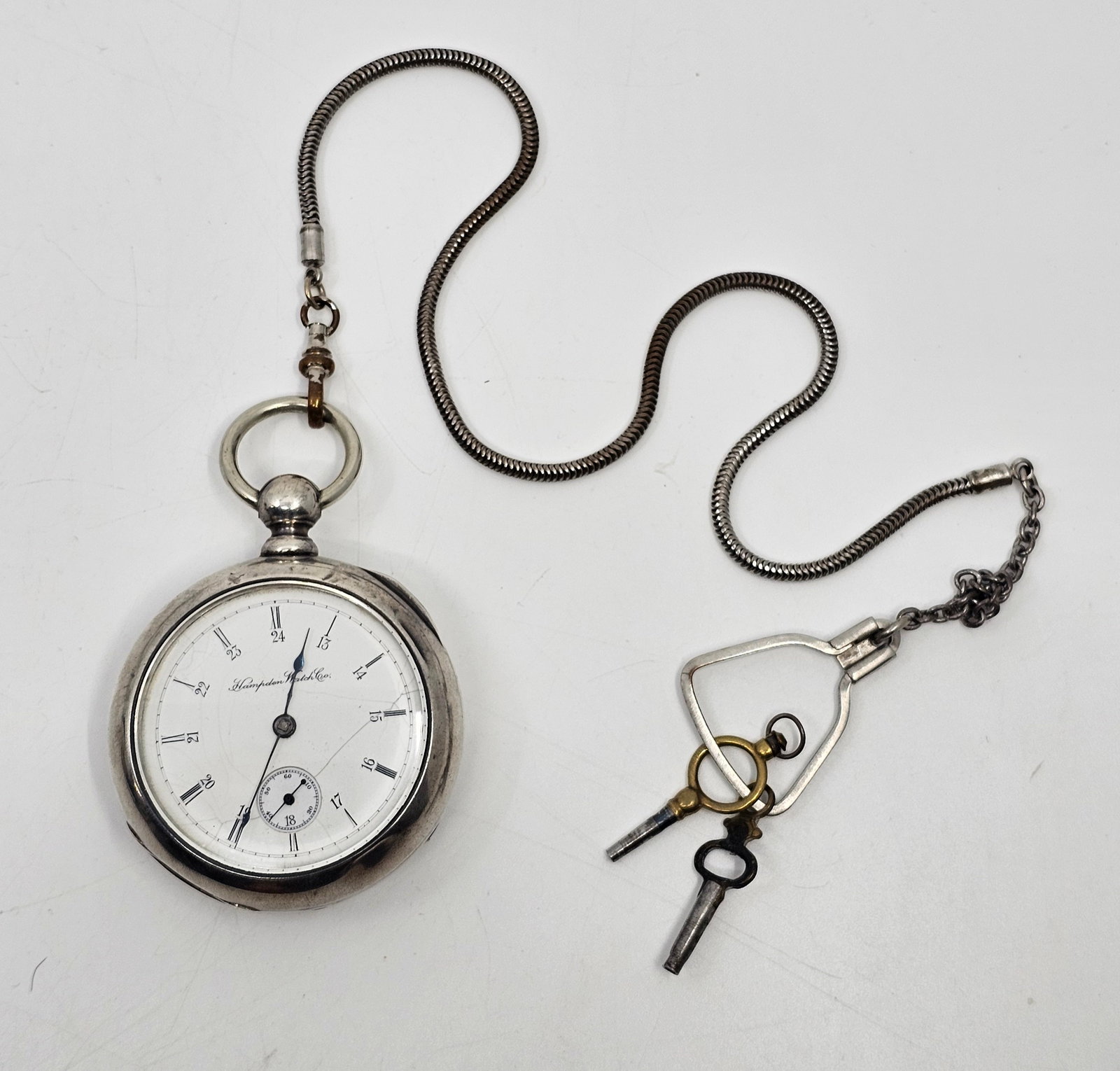 HAMPTON Pocket Watch 18s Coin Silver, Key Wind (1 of 10)