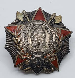 SOVIET Order of Alexander Nevski Medal: Silver. Issued 1943-1991. 49.24 gr total weight includind back attachment. 50 mm diameter. hand engraved number on back, below stamps : 25596