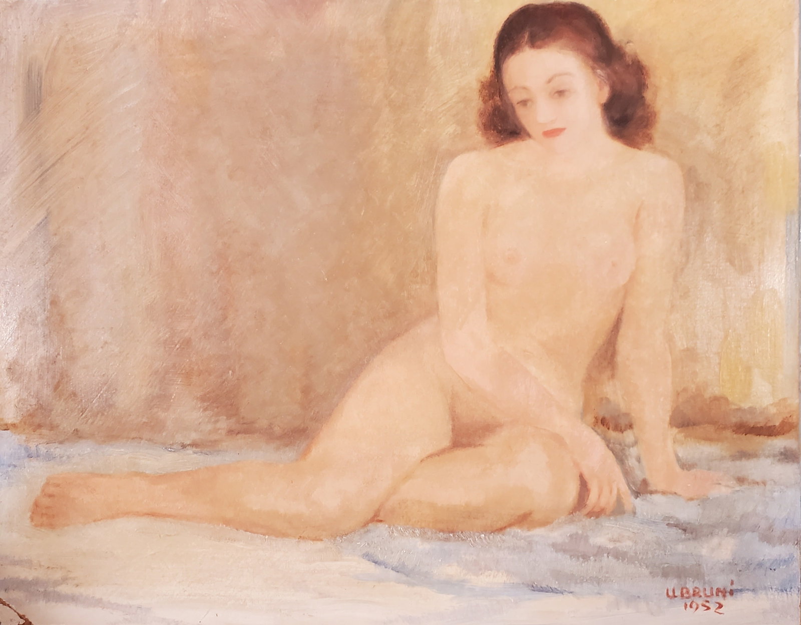 Bruni, Umberto (1914-2021) Canadian, Nue (1952): Artist : Bruni, Umberto (1914-2021) Canadian Titre : Nue (1952) Description (FR) : Huile sur isorel, signee et datee en bas a droite U. Bruni 1952 Description (ENG) : Oil on hardboard, signed and date