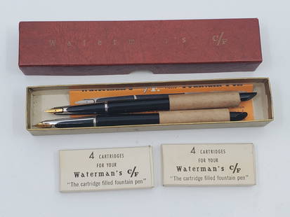 Pair of Waterman's C/F, Fountain Pen's with 14K gold Nib: Pair of Waterman's C/F, Fountain Pen's with 14K gold Nib, in it's original box and 2 boxes of Cartridges