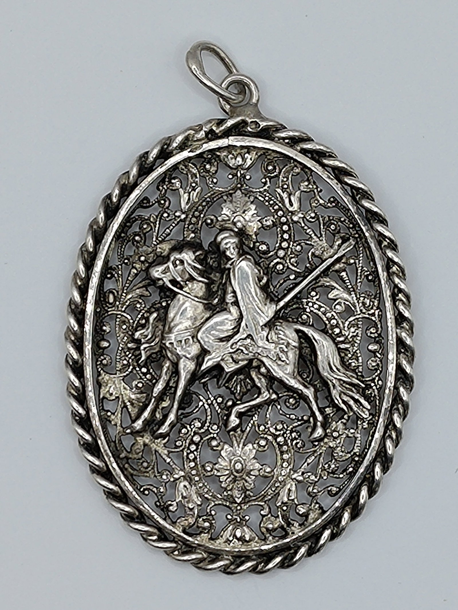 ANTIQUE FRENCH Fancy Repousse and Filigree Silver Pendant: 13.33 grams, 40 x 57 mm. Hallmarked.