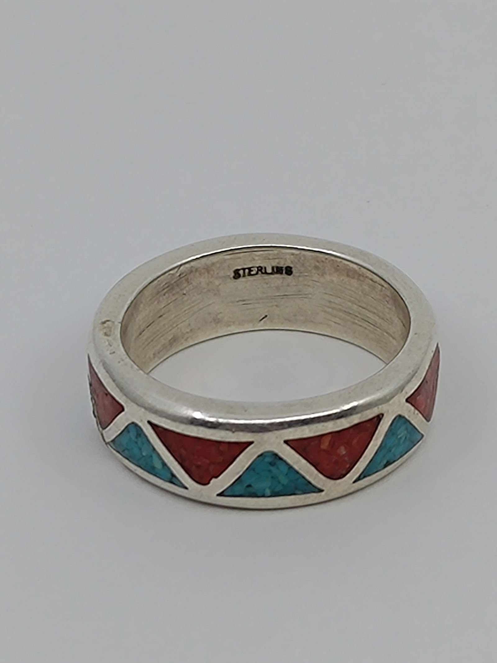 Navajo Sterling Silver Turquoise and Red Coral Bangle Ring (1 of 3)