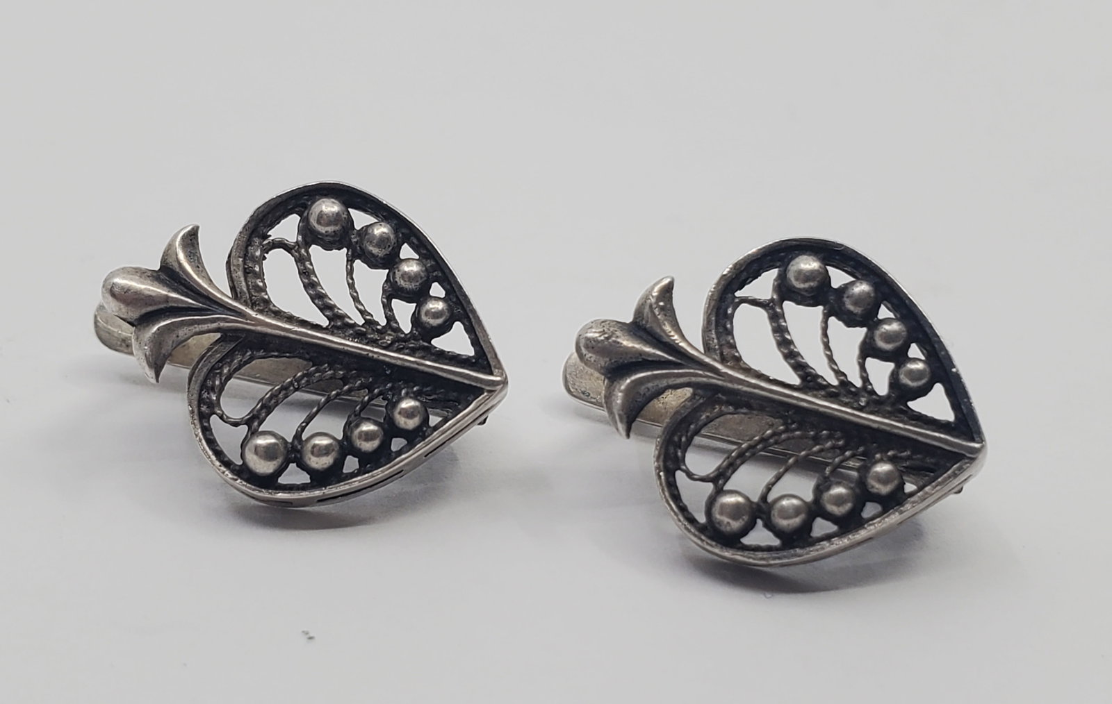 Vintage Soviet Sterling Silver Filligree Heart Shaped Earrings: Sterling Silver Filligree Heart Shaped Earrings, marked on the attachment 3/4" x 1/2" Weight: 4,2 g