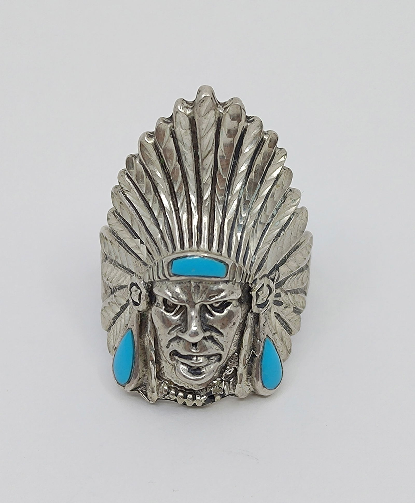 Ted Ott, Navajo Sterling Silver Indian Chief Head Ring. (1 of 7)